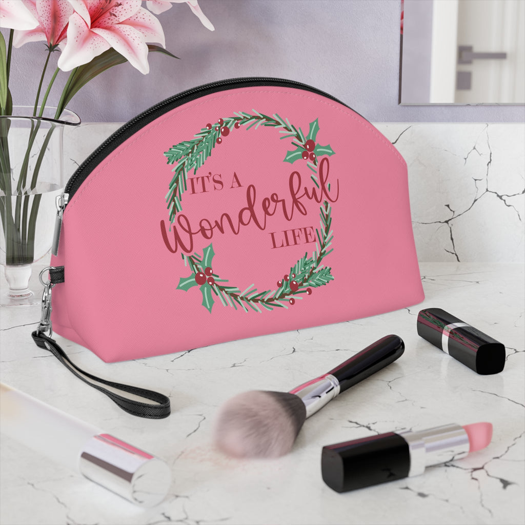 It's A Wonderful Life Christmas Wreath Pink Makeup Bag