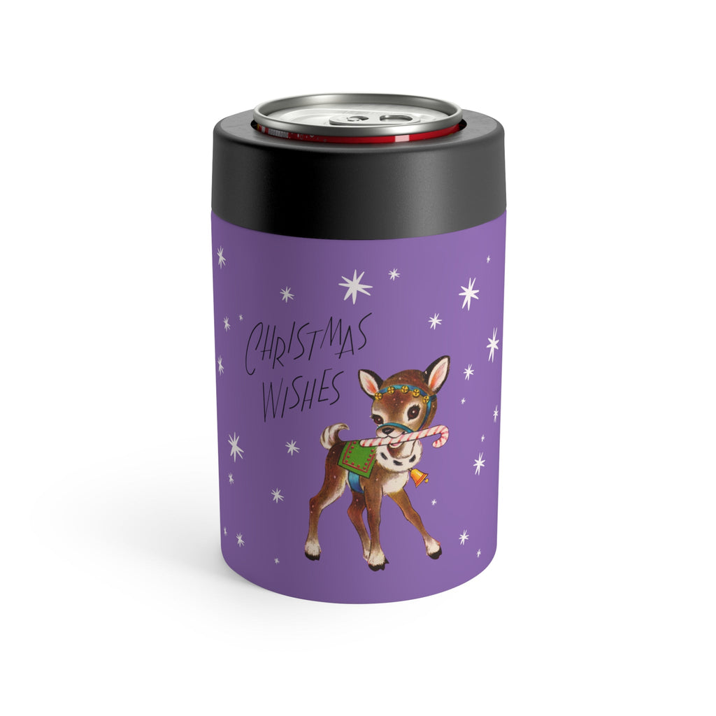 Christmas Wishes Reindeer Stars Purple Mid Century Retro Christmas Print Stainless Steel Can Holder