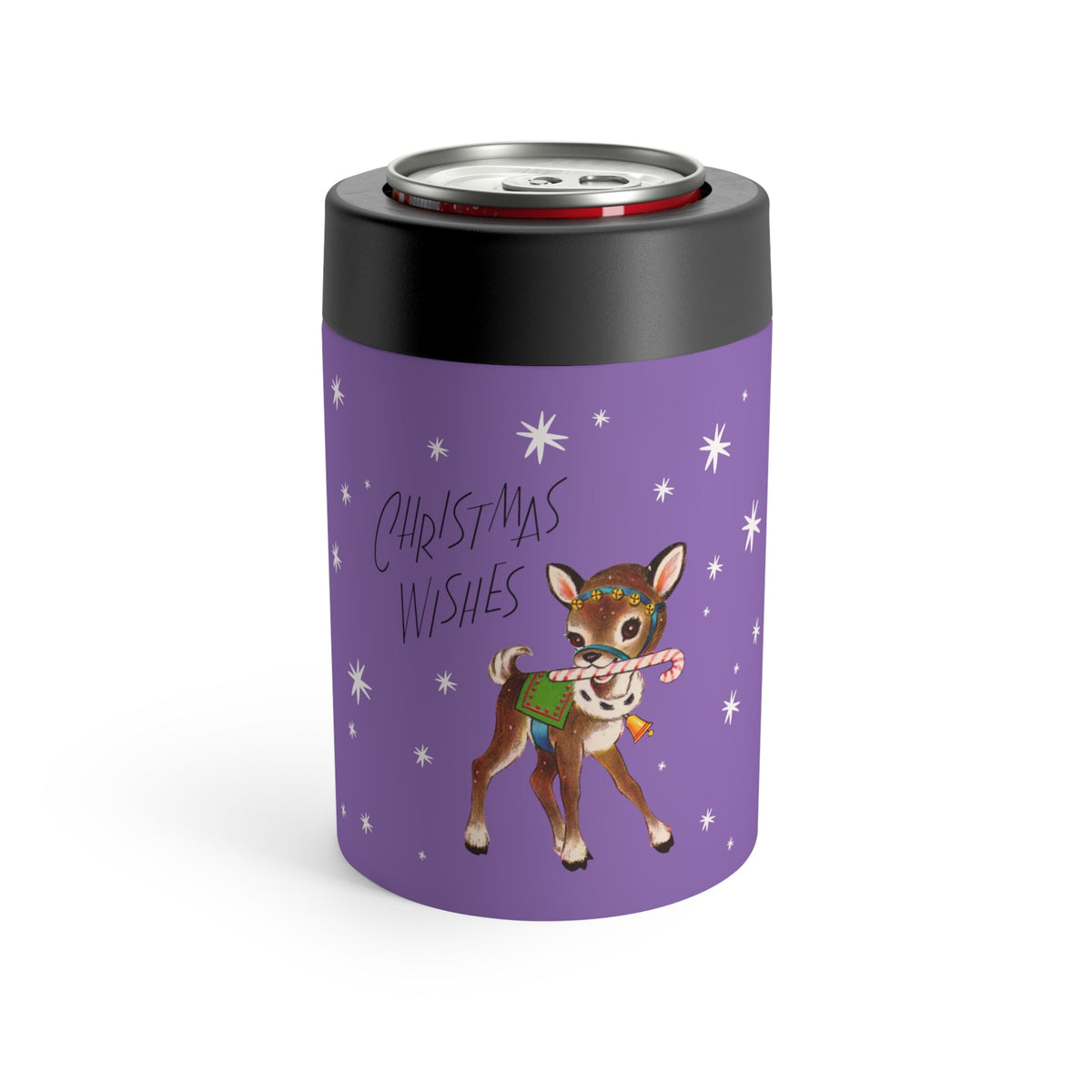 Christmas Wishes Reindeer Stars Purple Mid Century Retro Christmas Print Stainless Steel Can Holder