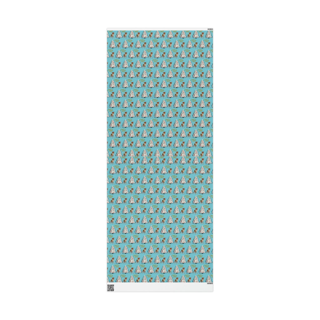 Merry Christmas Reindeer With Candy Cane Tree Blue Mid Century Retro Christmas Print Holiday Gift Wrap Paper - Glossy Or Matte