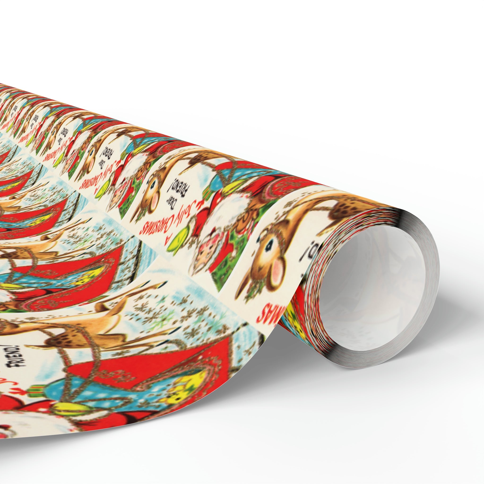 A Jolly Christmas Dear Friend Santa In Sleigh With Reindeer Mid Century Retro Christmas Print Holiday Gift Wrap Paper - Glossy Or Matte