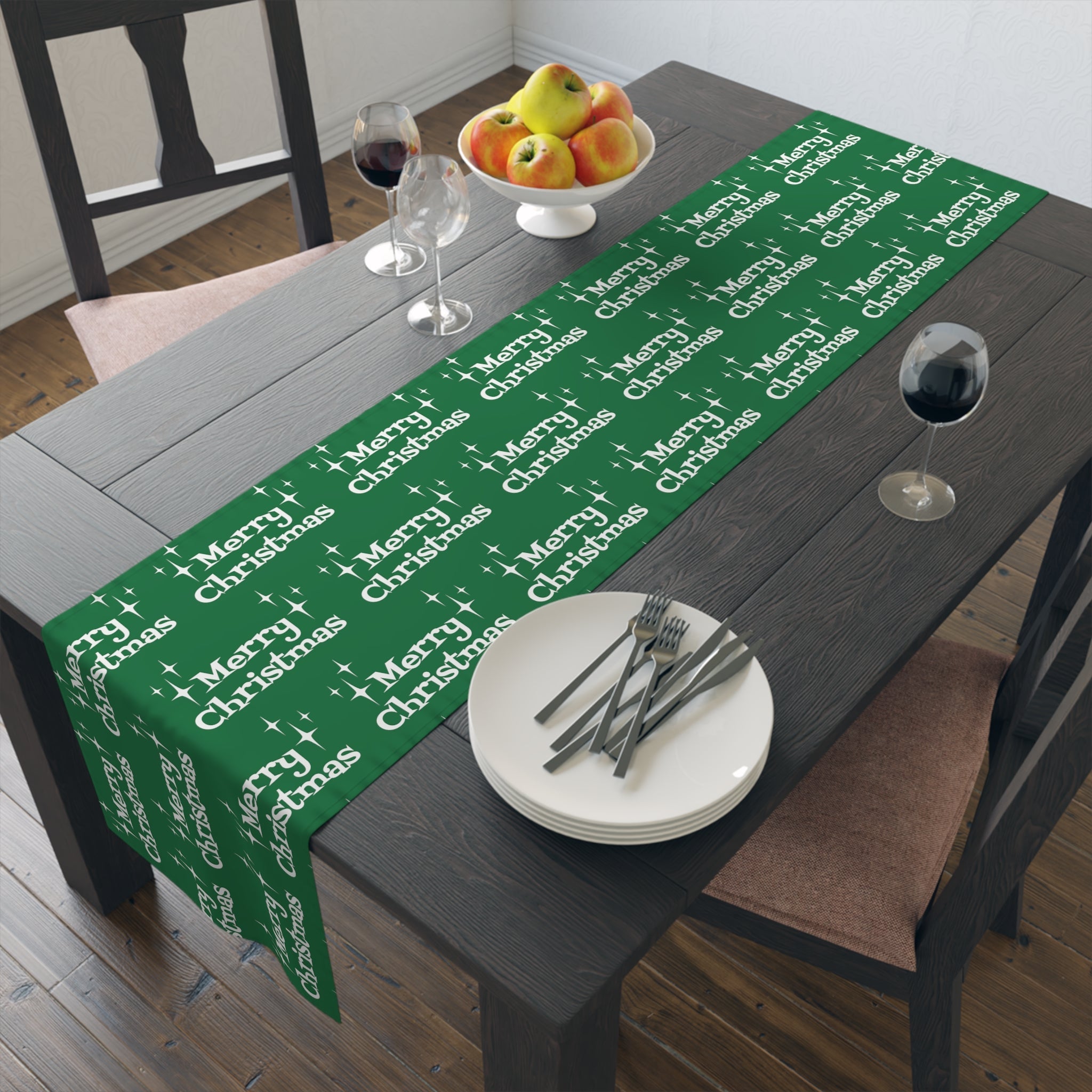 Merry Christmas Starburst Atomic Mid Century Retro Style Christmas Decor Green Cotton Poly Table Runner
