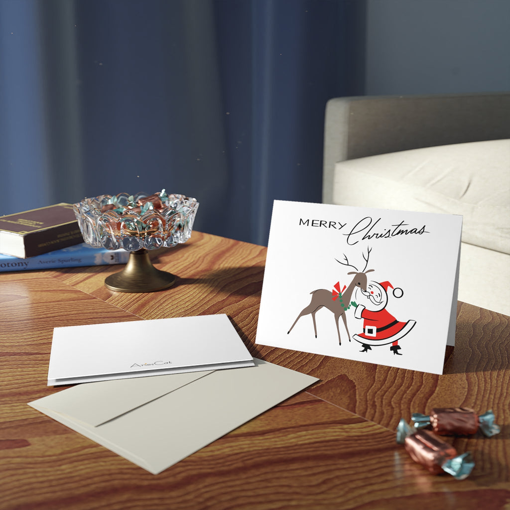 Merry Christmas Santa Reindeer Mid Century Retro Christmas Print Matte Greeting Cards (8, 16, and 24 pcs)