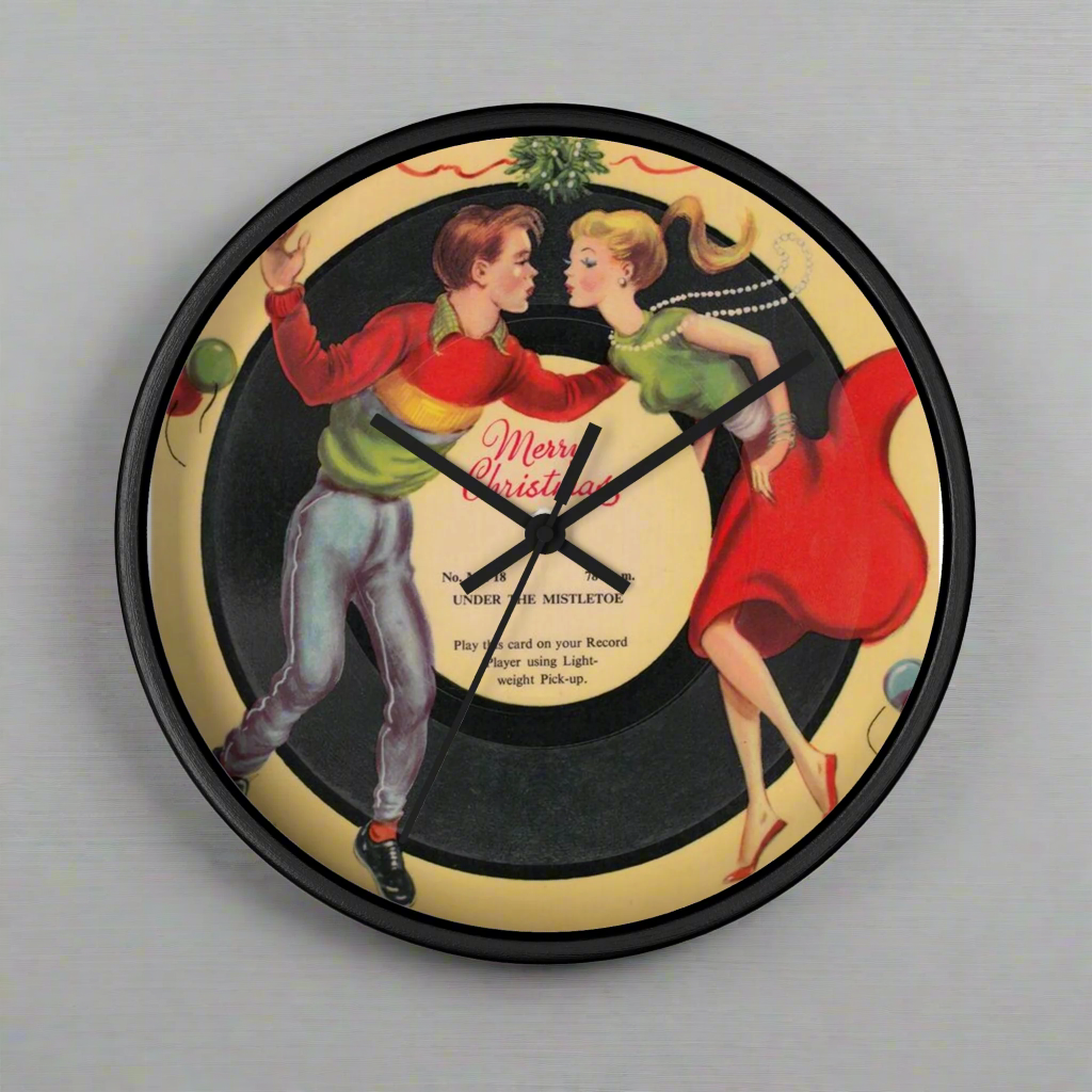 Under The Mistletoe Merry Christmas Couple Record Retro Black Wooden Wall Clock