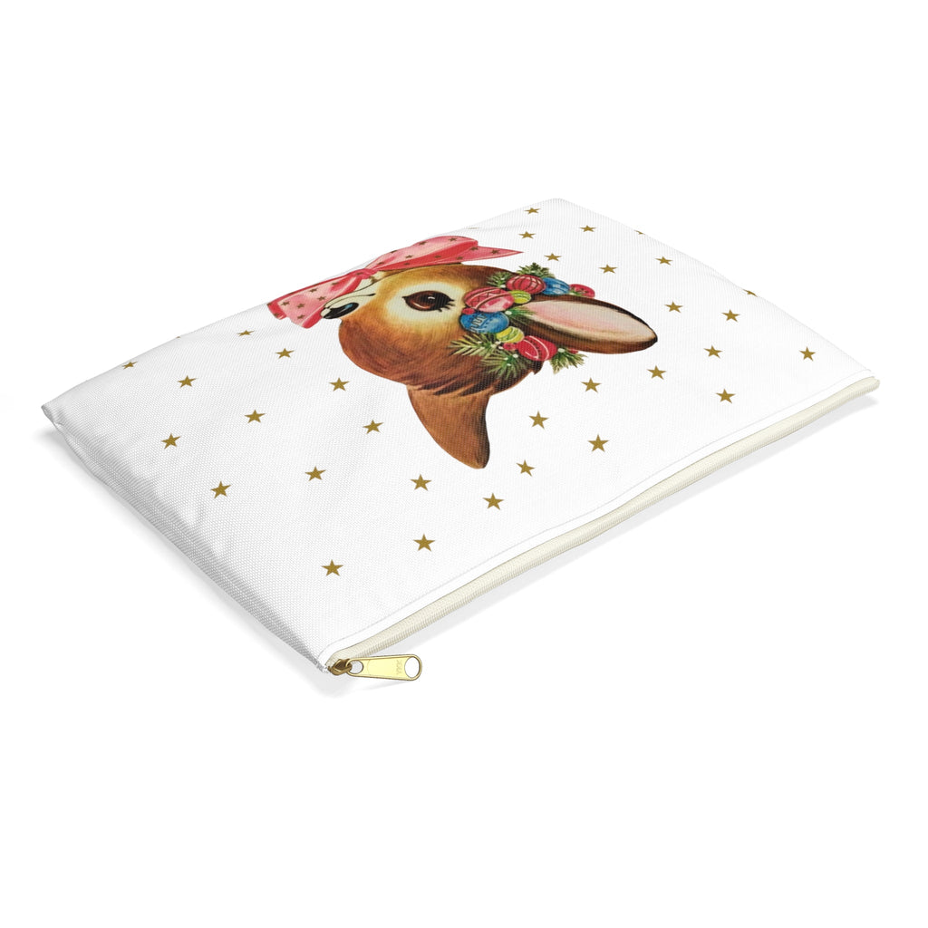 Reindeer Gold Stars Mid Century Retro Christmas Print Polyester Accessory Pouch Travel Bag
