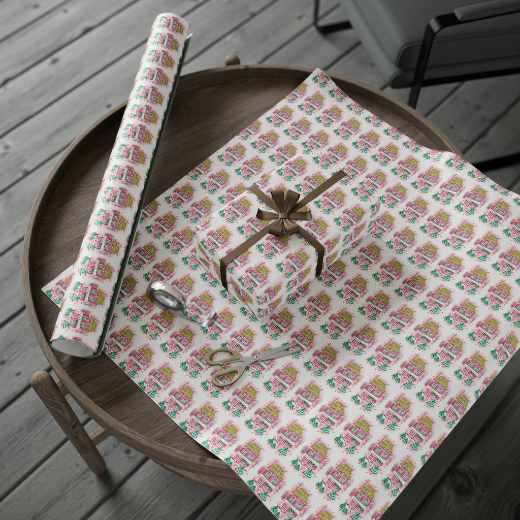 Pink Christmas House Mid Century Retro Christmas Print Holiday Gift Wrap Paper - Glossy Or Matte