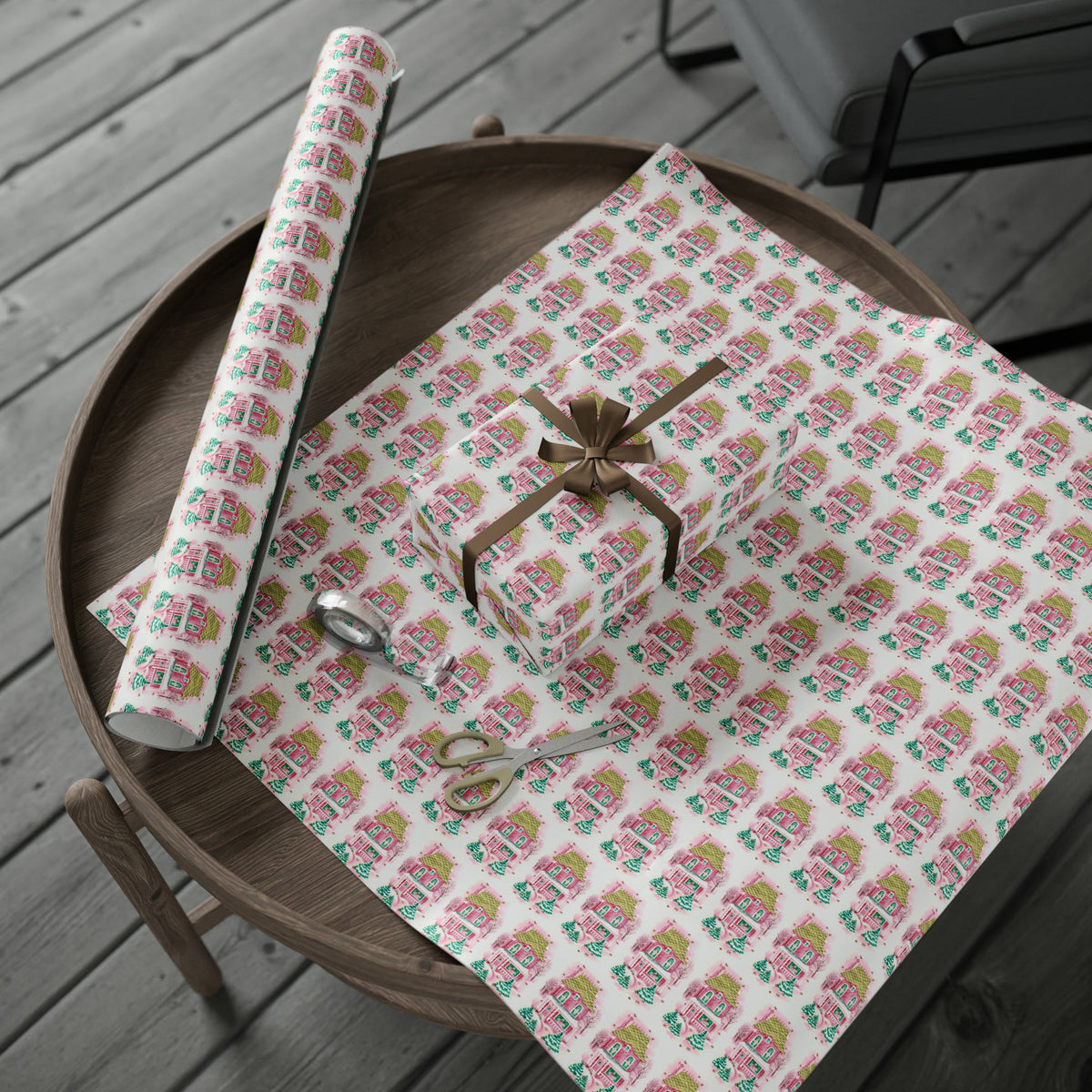 Pink Christmas House Mid Century Retro Christmas Print Holiday Gift Wrap Paper - Glossy Or Matte