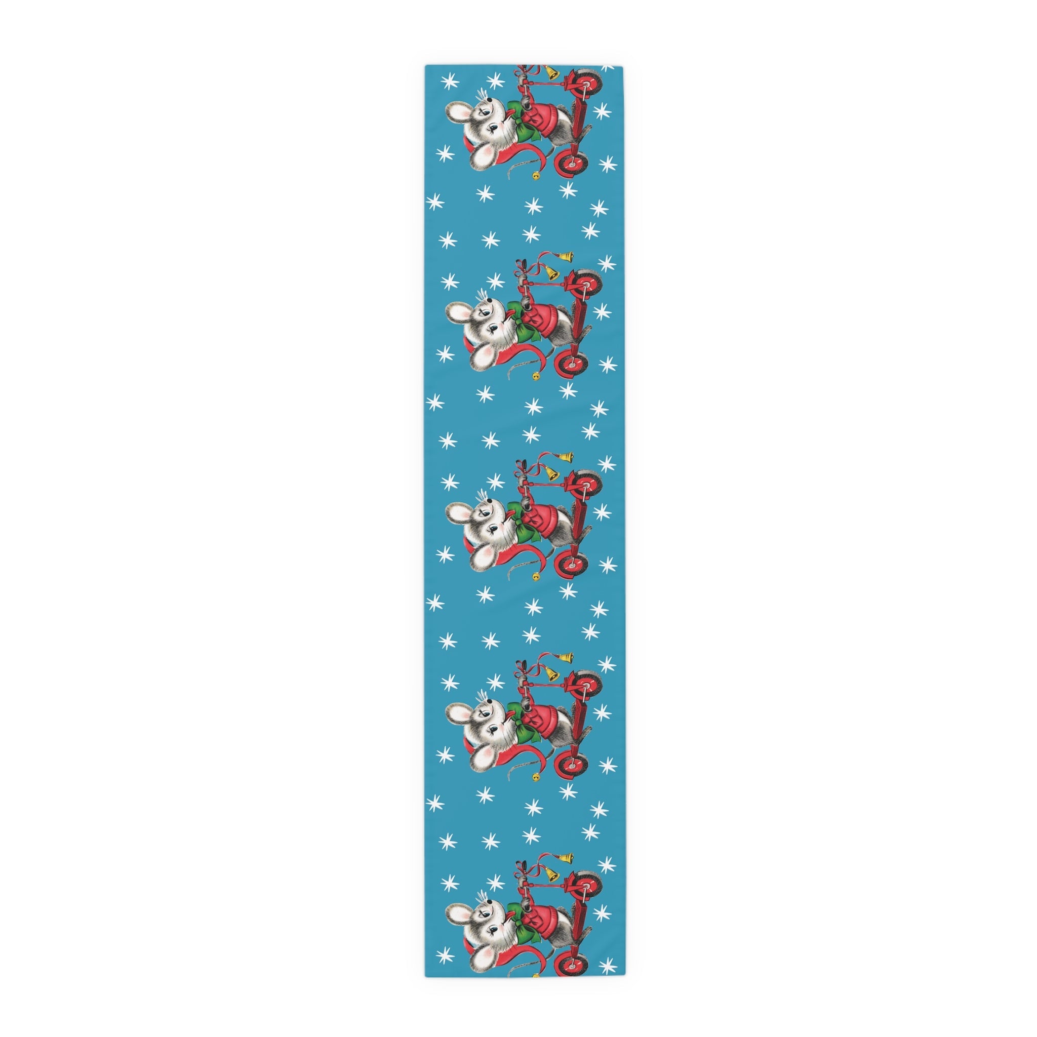 Christmas Mouse On Scooter Blue Mid Century Retro Christmas Print Home Decor Cotton Poly Table Runner