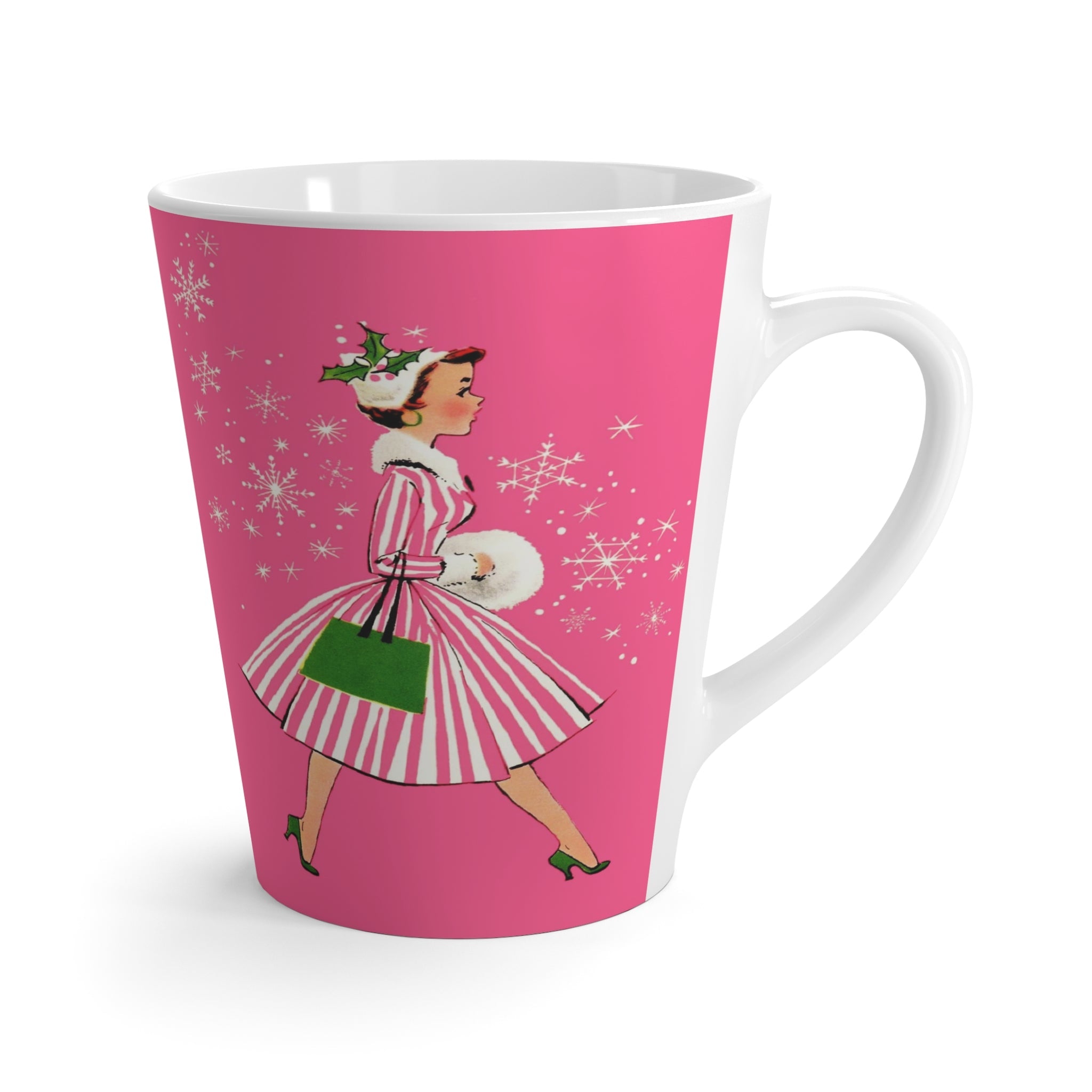 Pink Christmas Lady Mid Century Retro Christmas Print Latte Coffee Mug