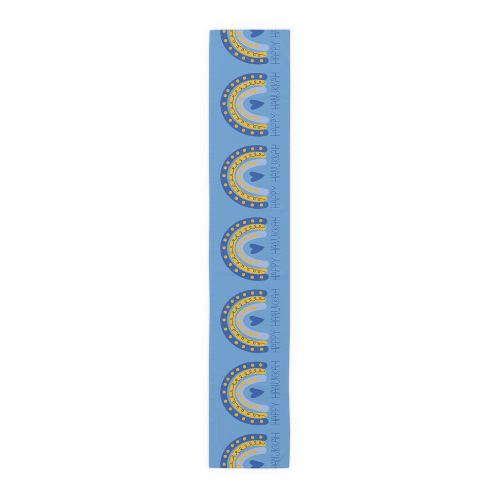 Happy Hanukkah Table Runner Blue Yellow Boho Rainbow Polyester Winter Unique Cozy Cute Holiday Kitchen Dining Decoration Linen