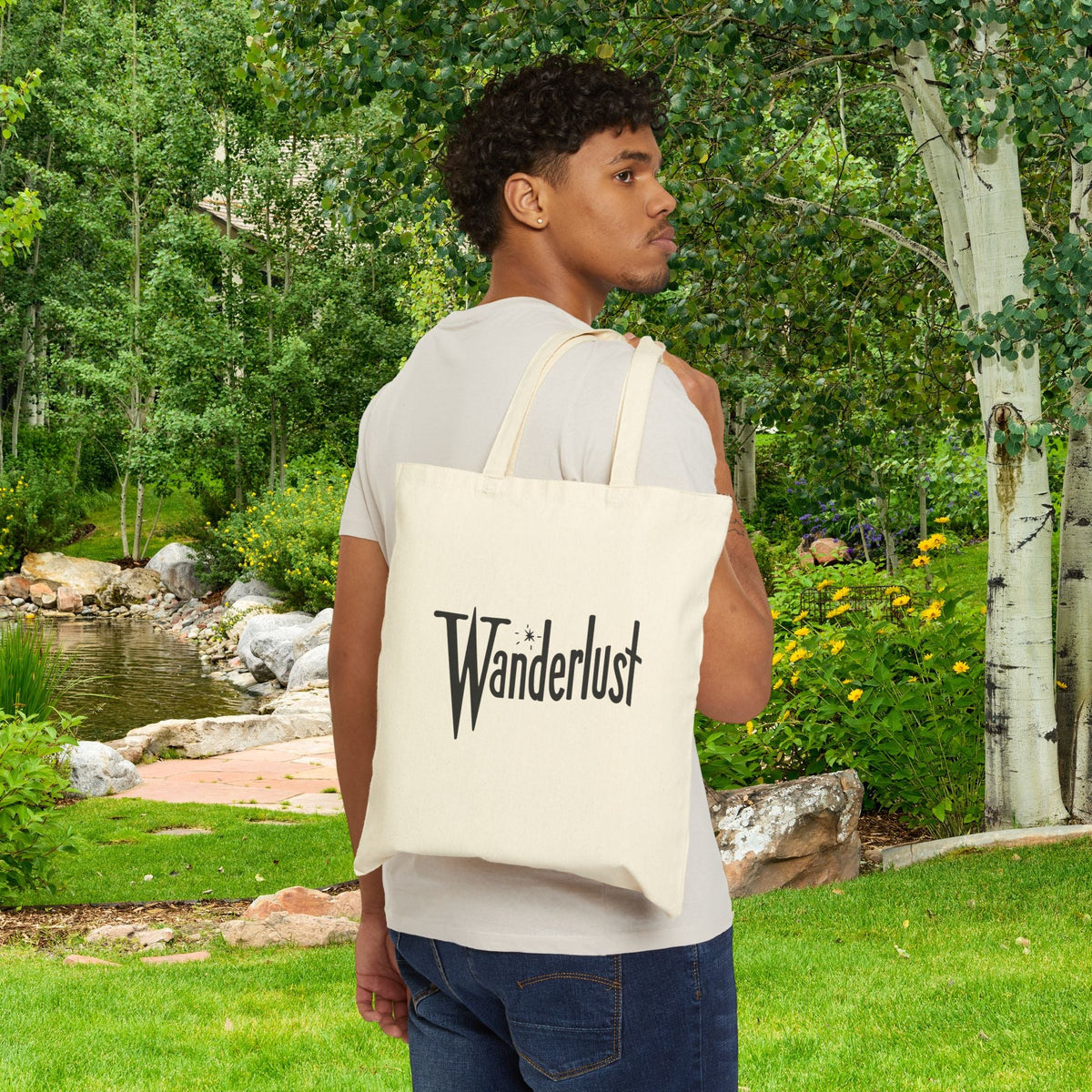 Wanderlust Canvas Tote Bag, Retro Font Design, Traveler Shoulder Bag, Eco-Friendly Shopper, Reusable Grocery Bag, Vintage Style Market Tote