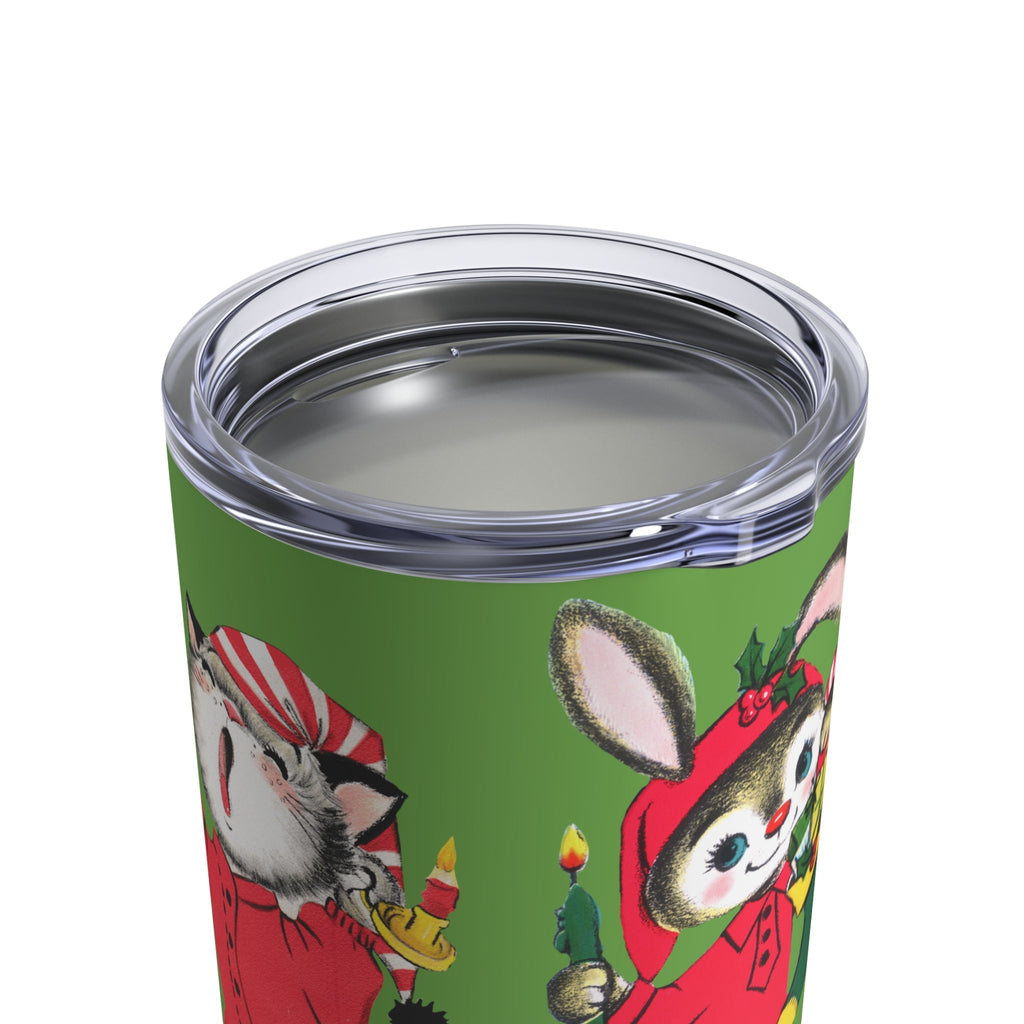 Christmas Bunny Sleepy Kitten Waiting For Santa Vintage Retro Christmas Print Stainless Steel Tumbler 10oz