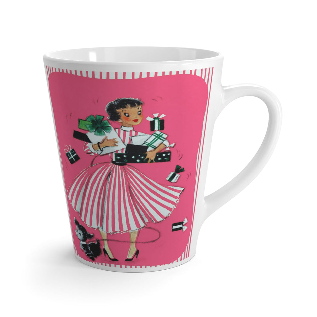 Lady With Presents Cute Dog Pink Christmas Retro Print Latte Coffee Mug