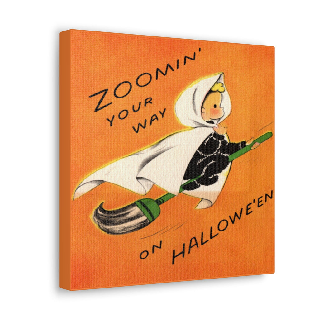Zoomin' Your Way On Halloween Orange Witch On Broom Retro Halloween Decor Print Canvas Gallery Wrap