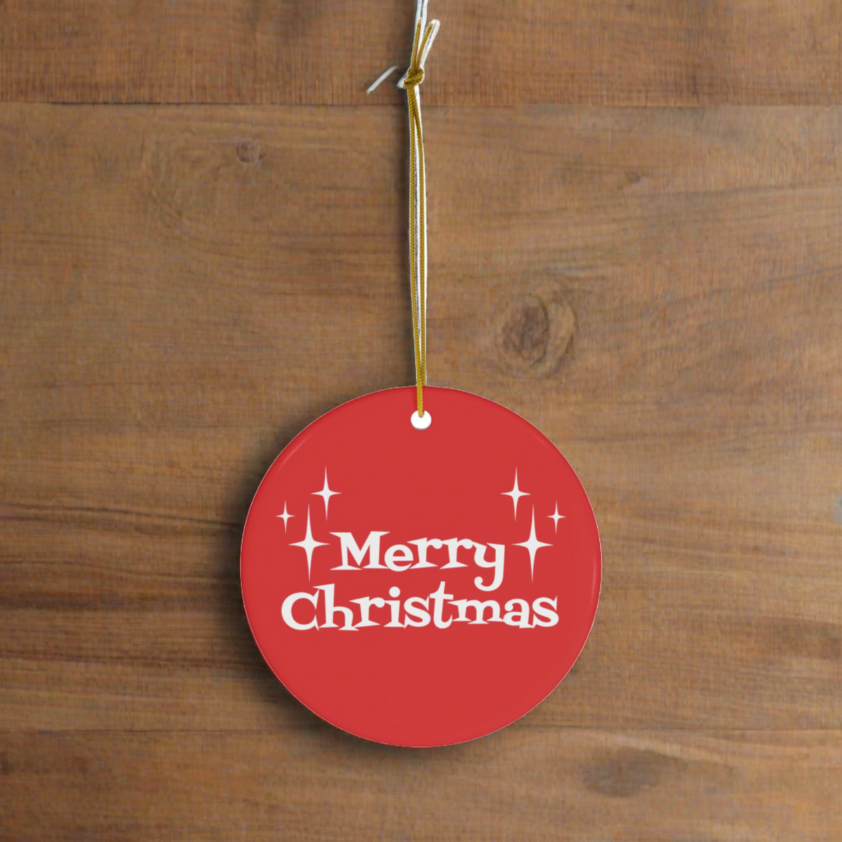 Merry Christmas Starburst Atomic Mid Century Retro Christmas Style Red Ceramic Ornament