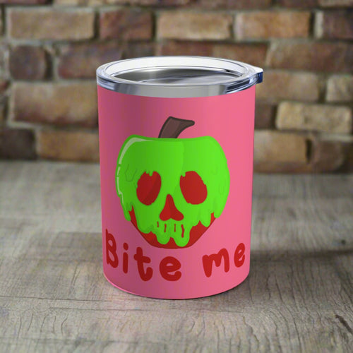 Bite Me Snow White Evil Queen Poison Apple Pink Halloween Stainless Steel Tumbler 10oz