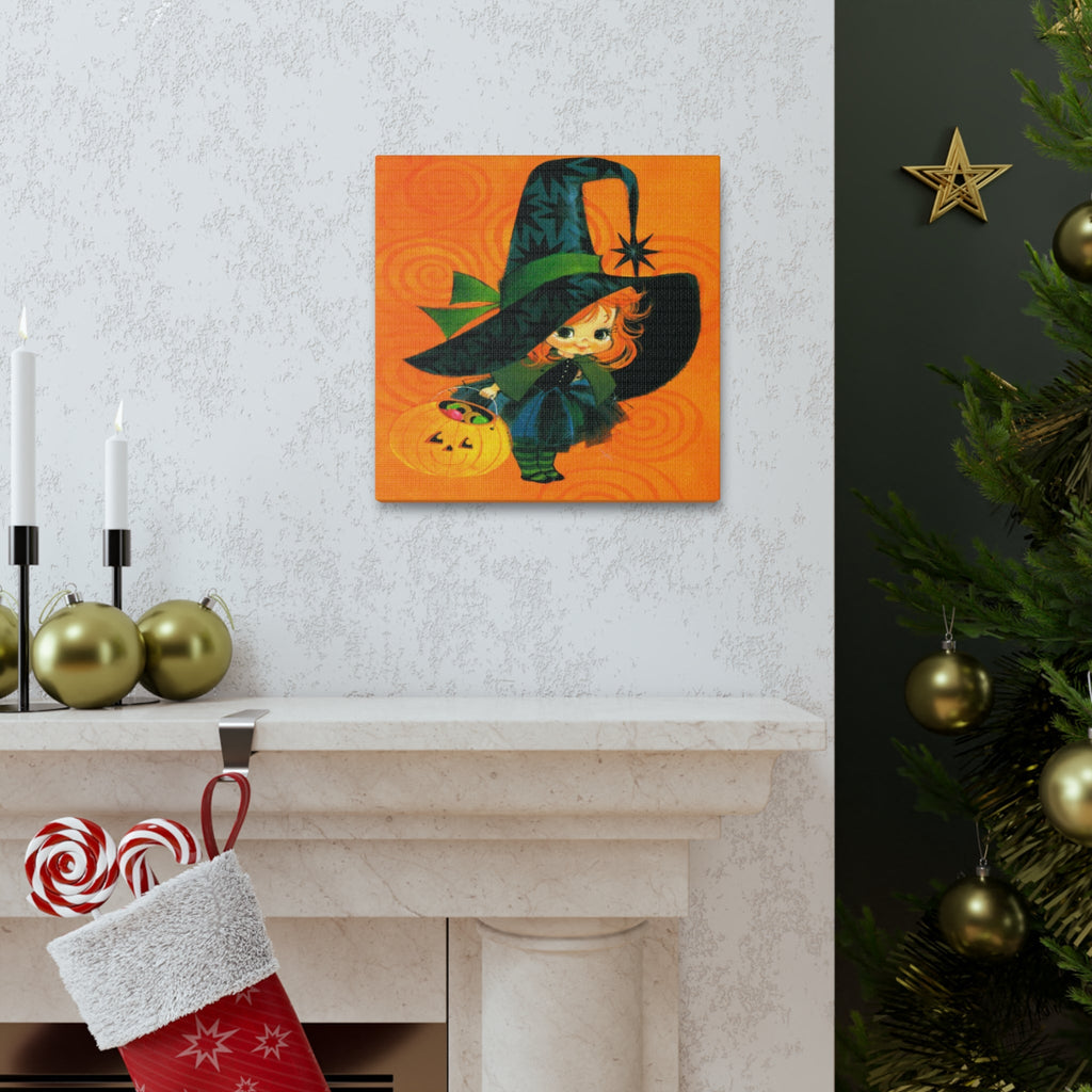 Cute Orange Witch Mod Retro Halloween Decor Print Canvas Gallery Wrap