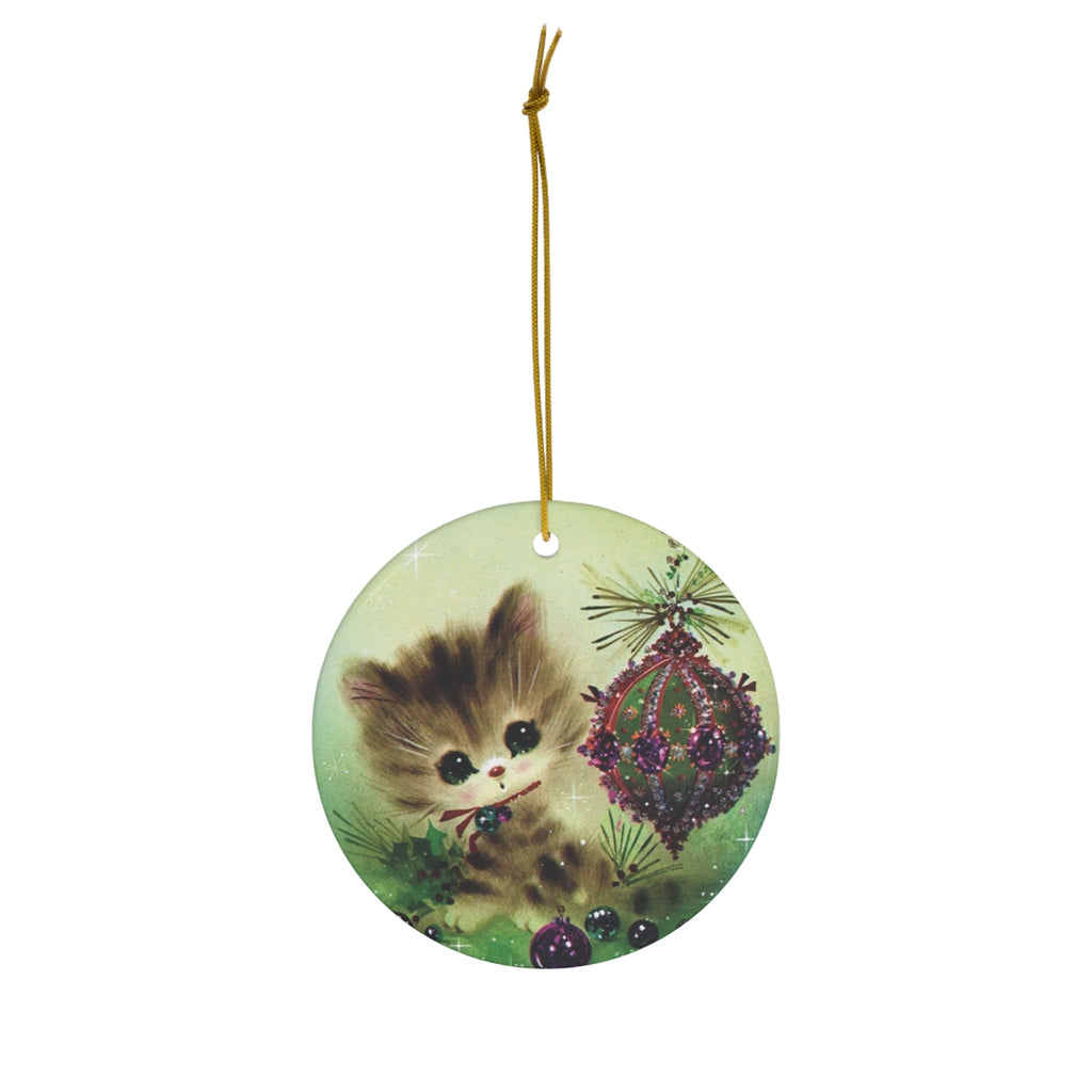 Christmas Kitten With Ornament Retro Christmas Print Ceramic Ornament