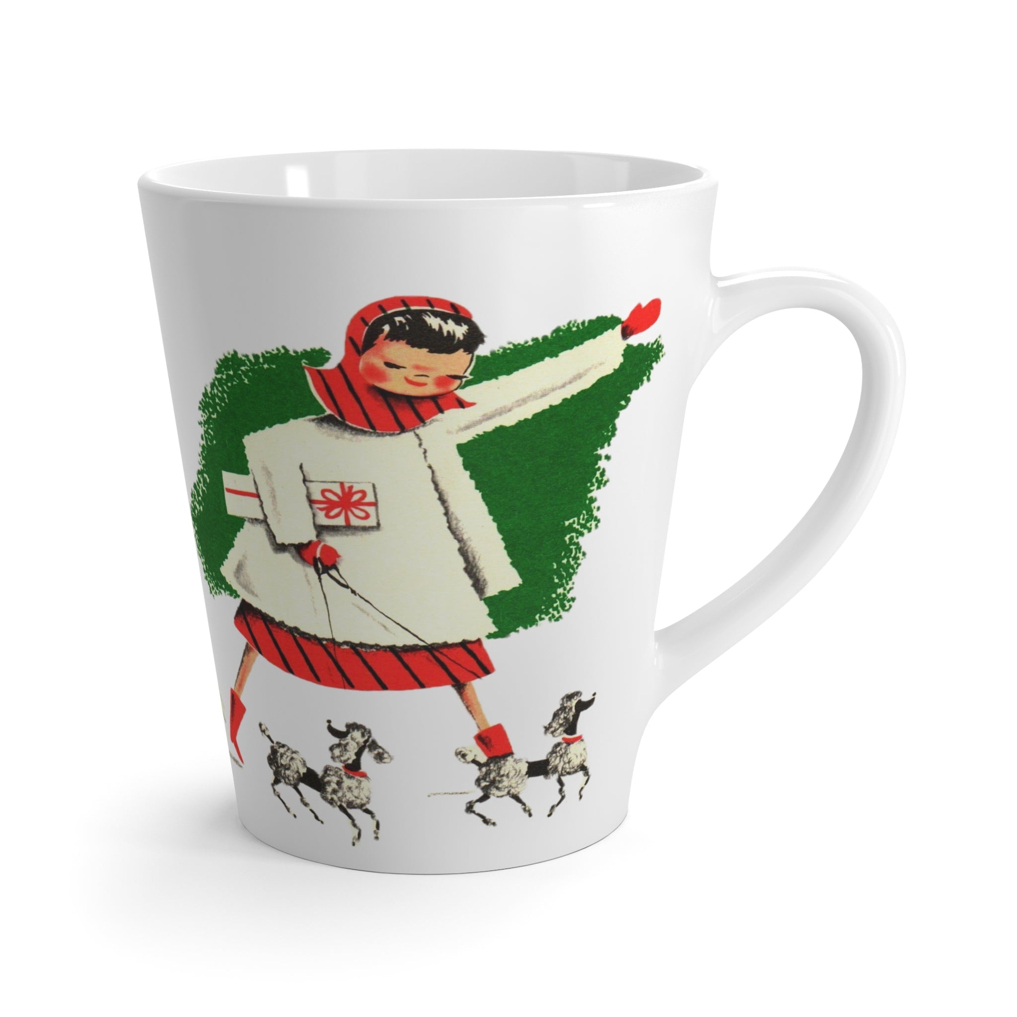 Christmas Lady With Little Dogs Retro Christmas Print Latte Coffee Mug