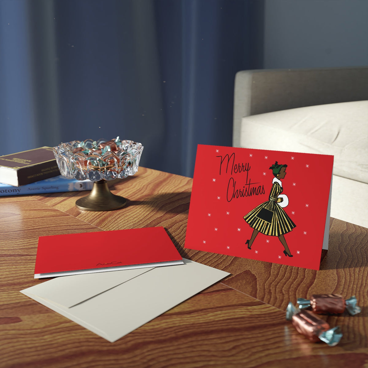 Merry Christmas Lady In Snow Mid Century Retro Christmas Print Red Matte Greeting Cards (8, 16, and 24 pcs)