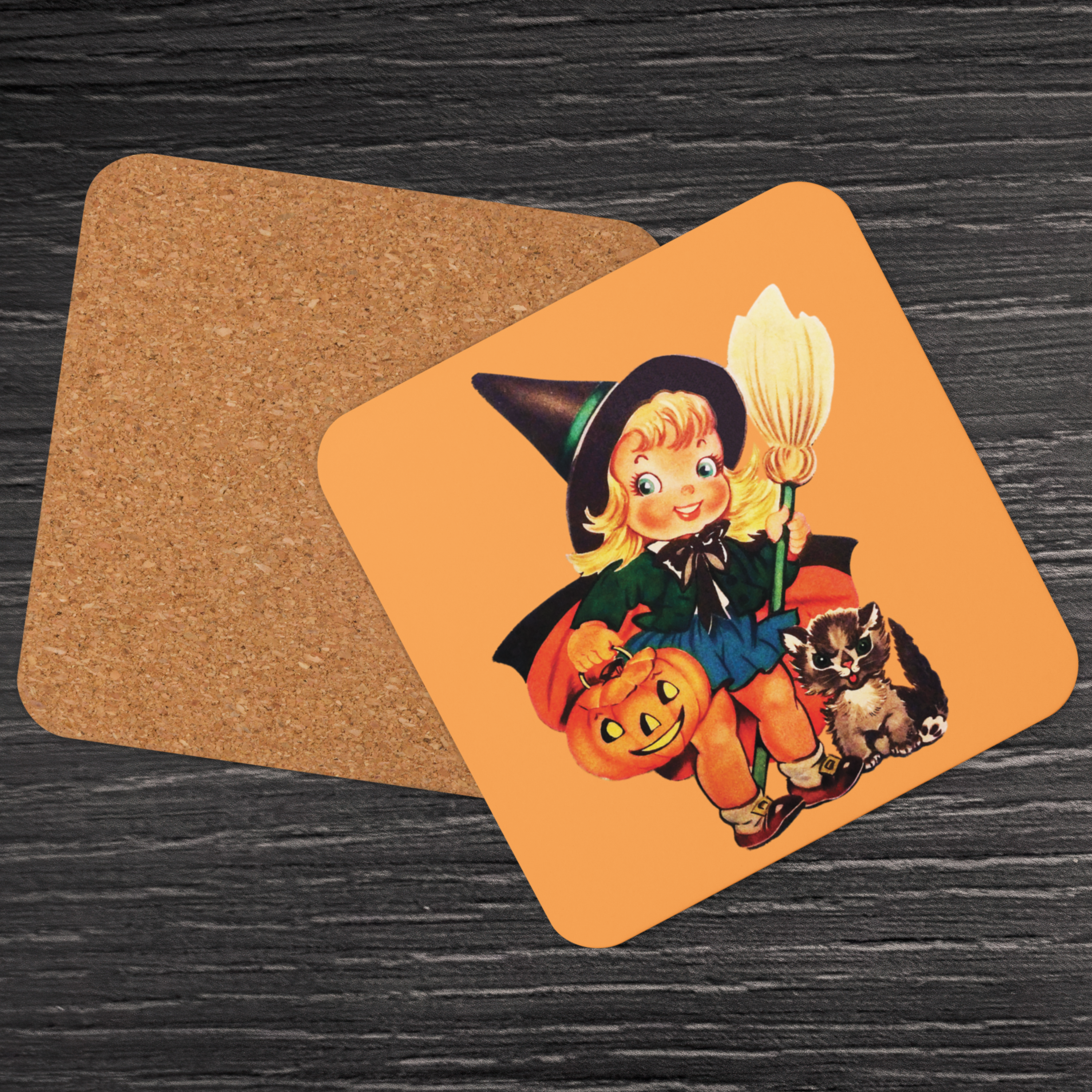 Little Witch With Cat And Broom Retro Halloween Cork-back Coaster
