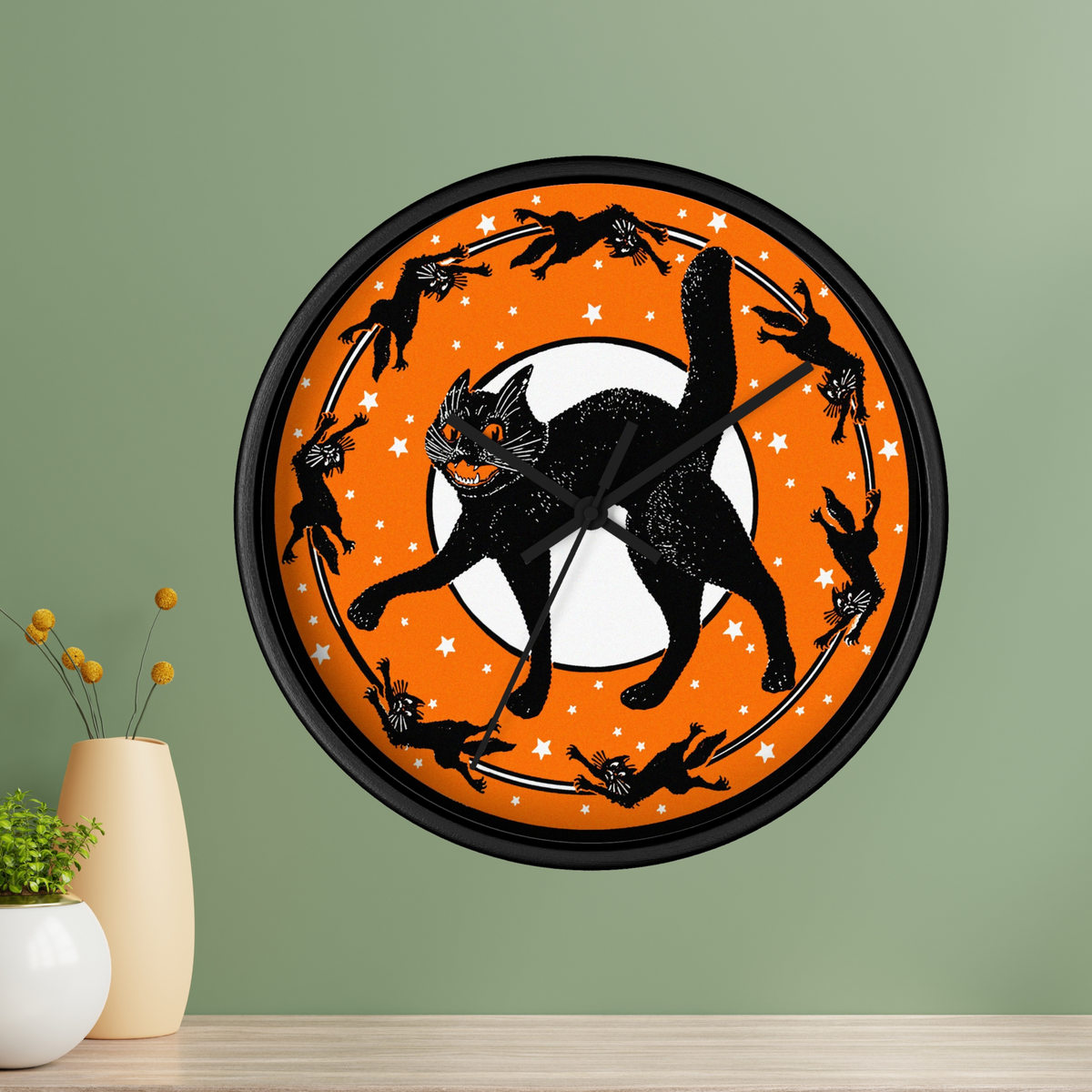 Black Cats Full Moon Stars Retro Halloween Black Wooden Wall Clock