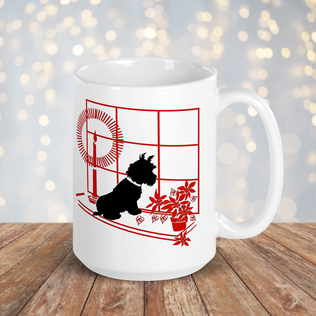 Black Scottie Dog At Window With Poinsettias And Candle Retro Vintage Print Ceramic Glossy Christmas Coffee Mug