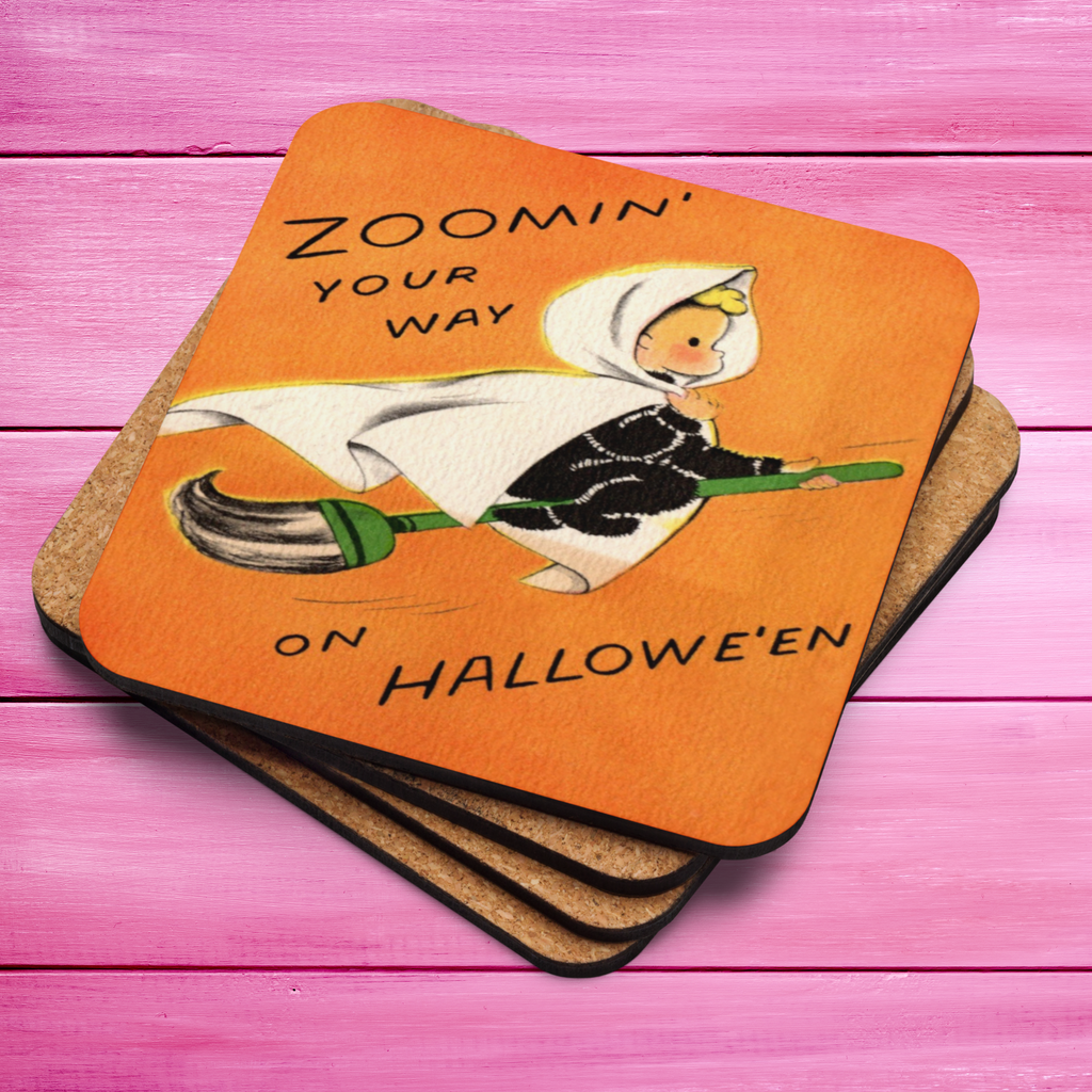 Zoomin' Your Way On Halloween Orange Witch Halloween Retro Cork-back Coaster