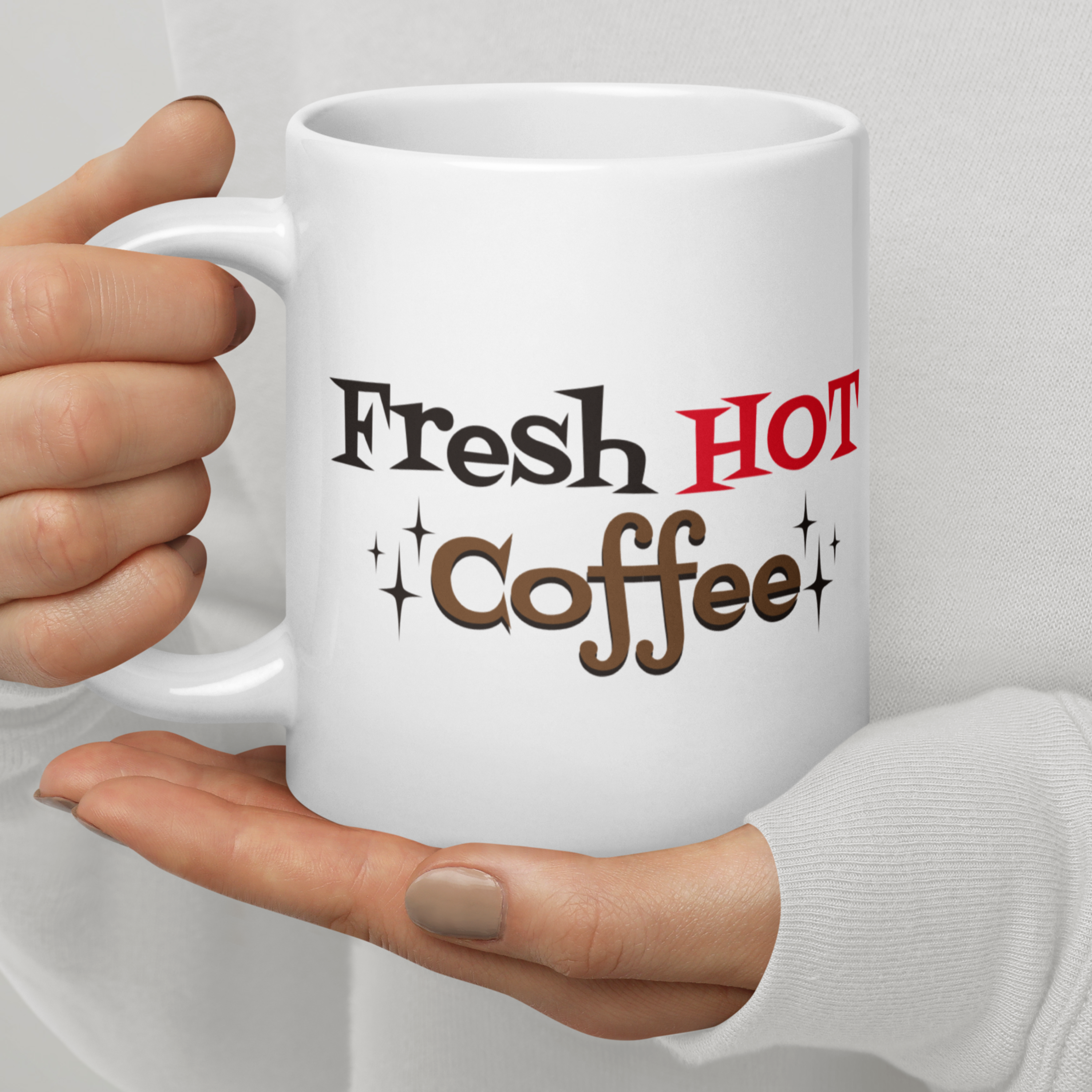 Fresh Hot Coffee Starburst Atomic Mid Century Retro Style White Glossy Coffee Mug