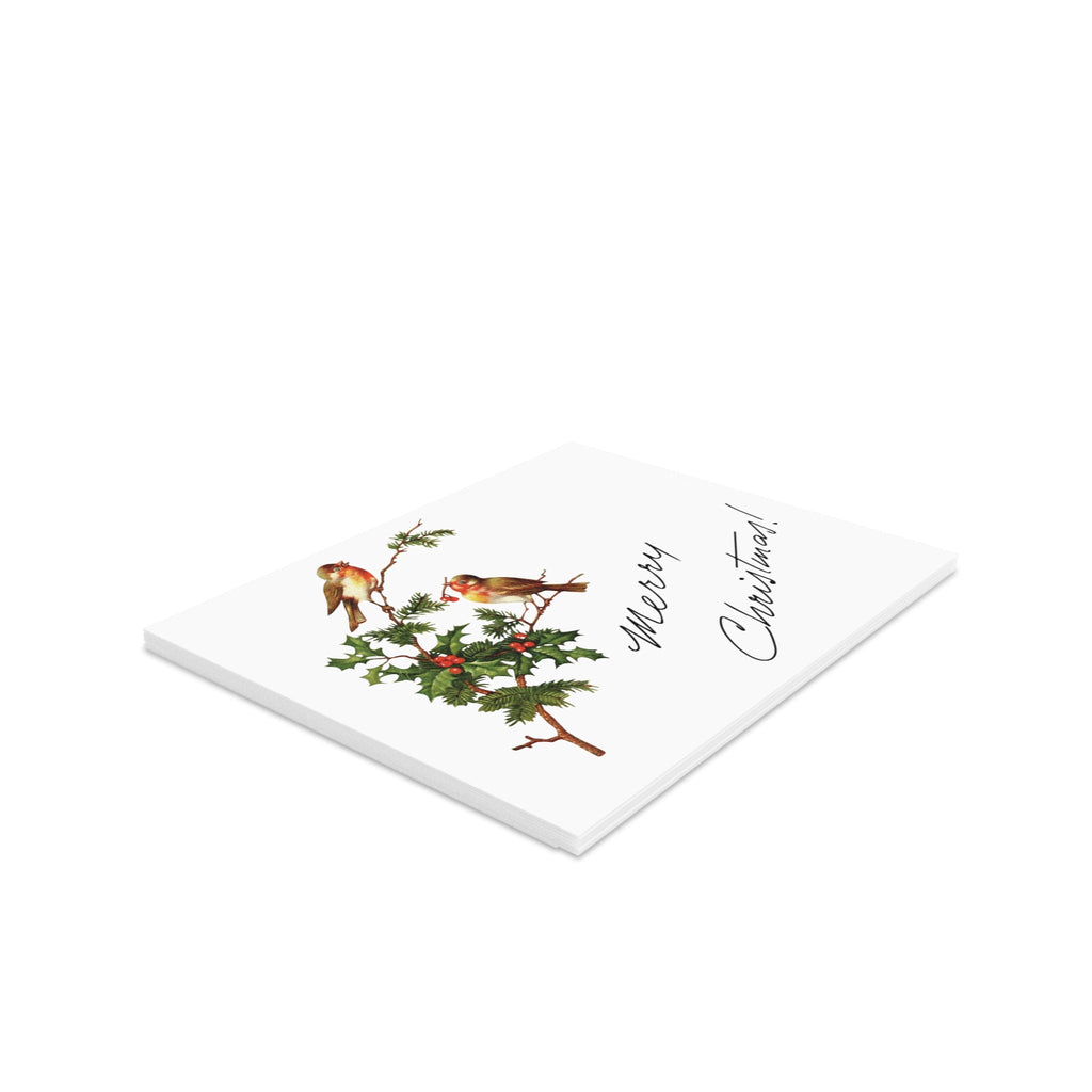Merry Christmas Birds With Holly Berries Retro Christmas Style Pink Matte Greeting Cards (8, 16, and 24 pcs)