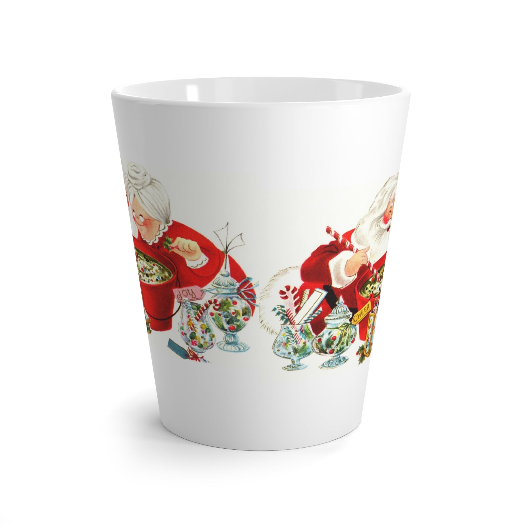 Santa And Mrs Claus Making Christmas Cheer Mid Century Retro Christmas Print Latte Coffee Mug