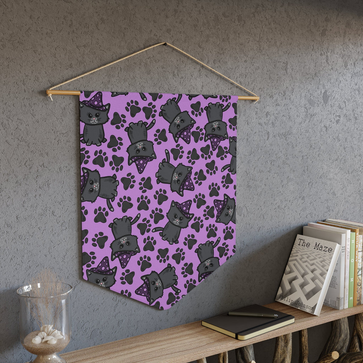 Witchy Kitties Purple Halloween Decor Print Wall Hanging Banner Flag