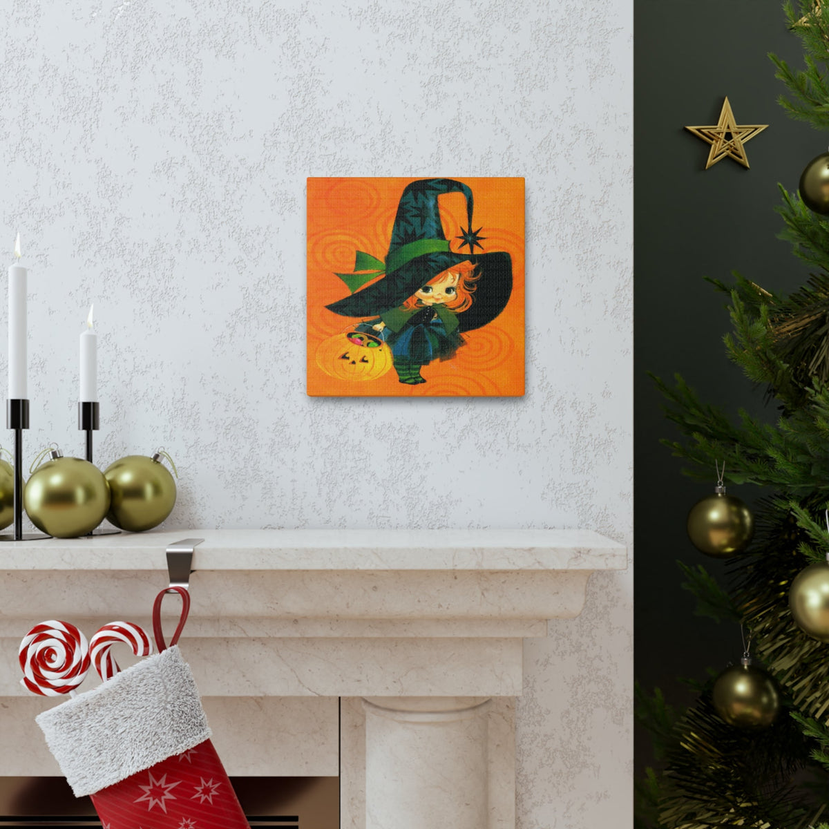 Cute Orange Witch Mod Retro Halloween Decor Print Canvas Gallery Wrap