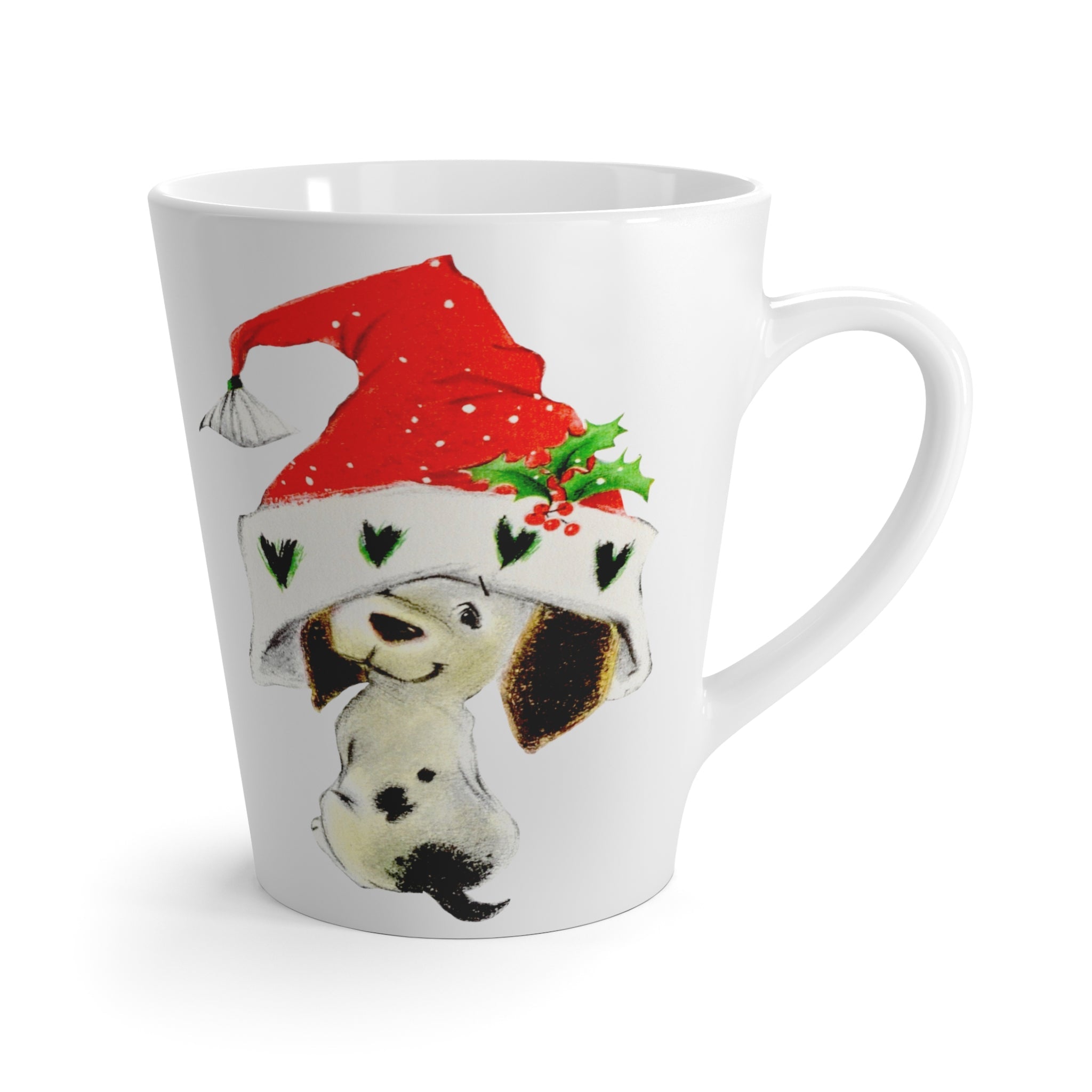 Christmas Dalmation Puppy In Santa Hat Mid Century Retro Christmas Print Latte Coffee Mug