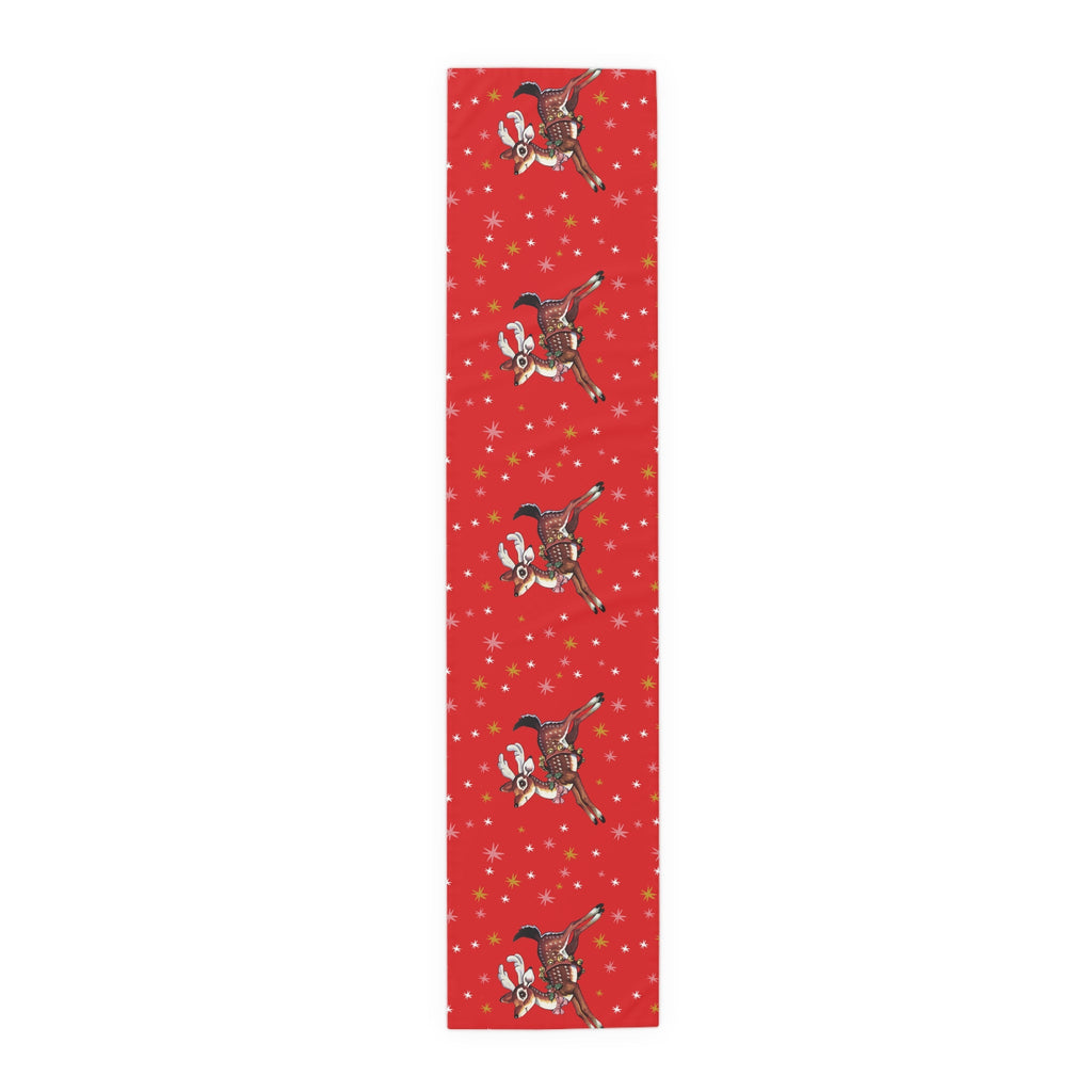 Leaping Reindeer Stars Red Midcentury Retro Christmas Polyester Table Runner
