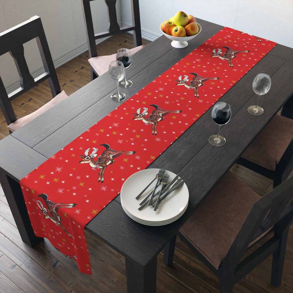 Leaping Reindeer Stars Red Midcentury Retro Christmas Polyester Table Runner