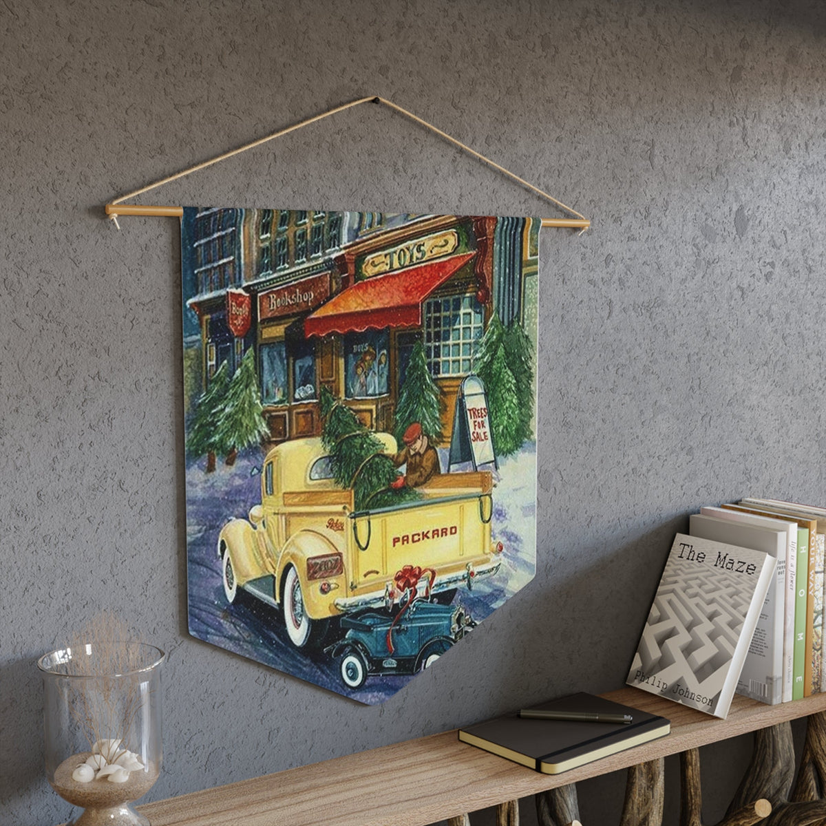 Yellow Christmas Packard Truck With Tree Retro Christmas Print Wall Hanging Banner Flag