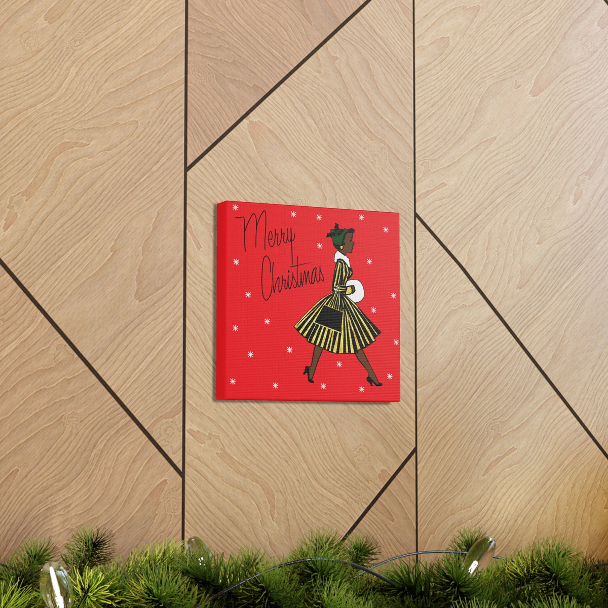 Merry Christmas Lady Mid Century Retro Print Canvas Gallery Wrap