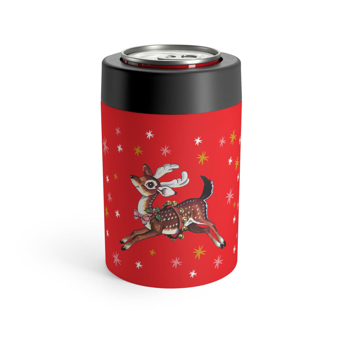 Reindeer Stars Mid Century Red Retro Christmas Print Stainless Steel Can Holder