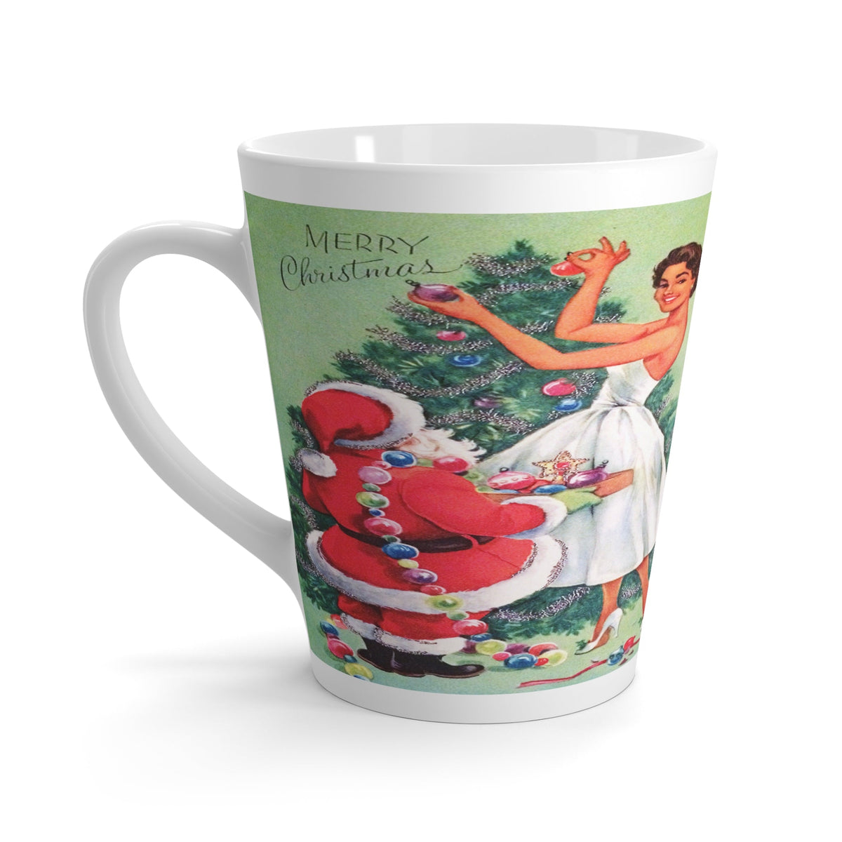 Merry Christmas Santa Tree Lady Mid Century Retro Christmas Print Latte Coffee Mug