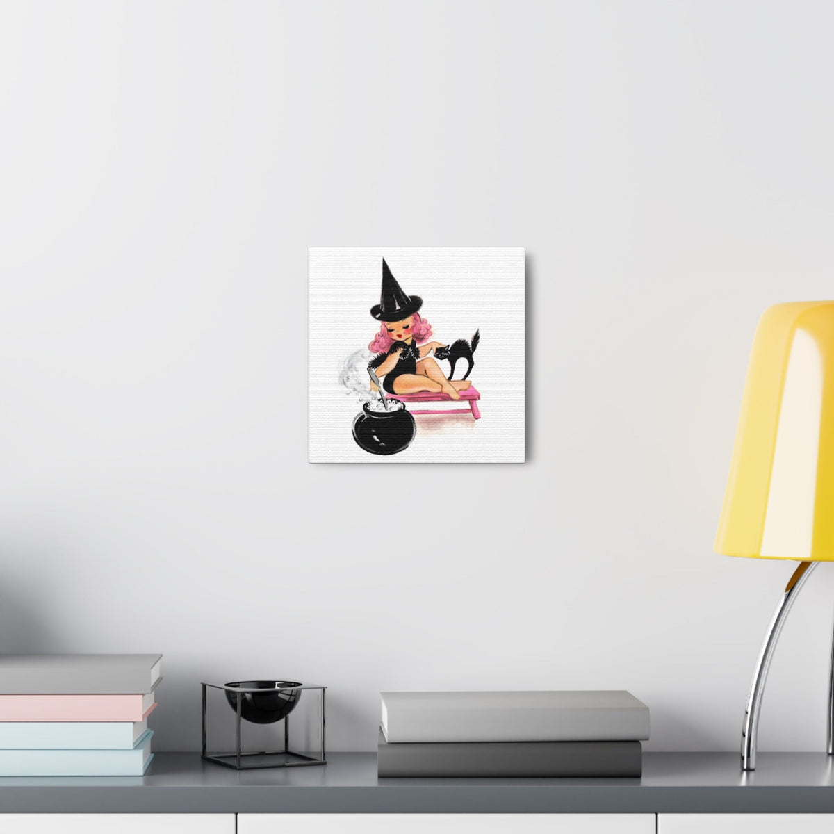 Pink Witch Black Cat Retro Halloween Decor Print Canvas Gallery Wrap