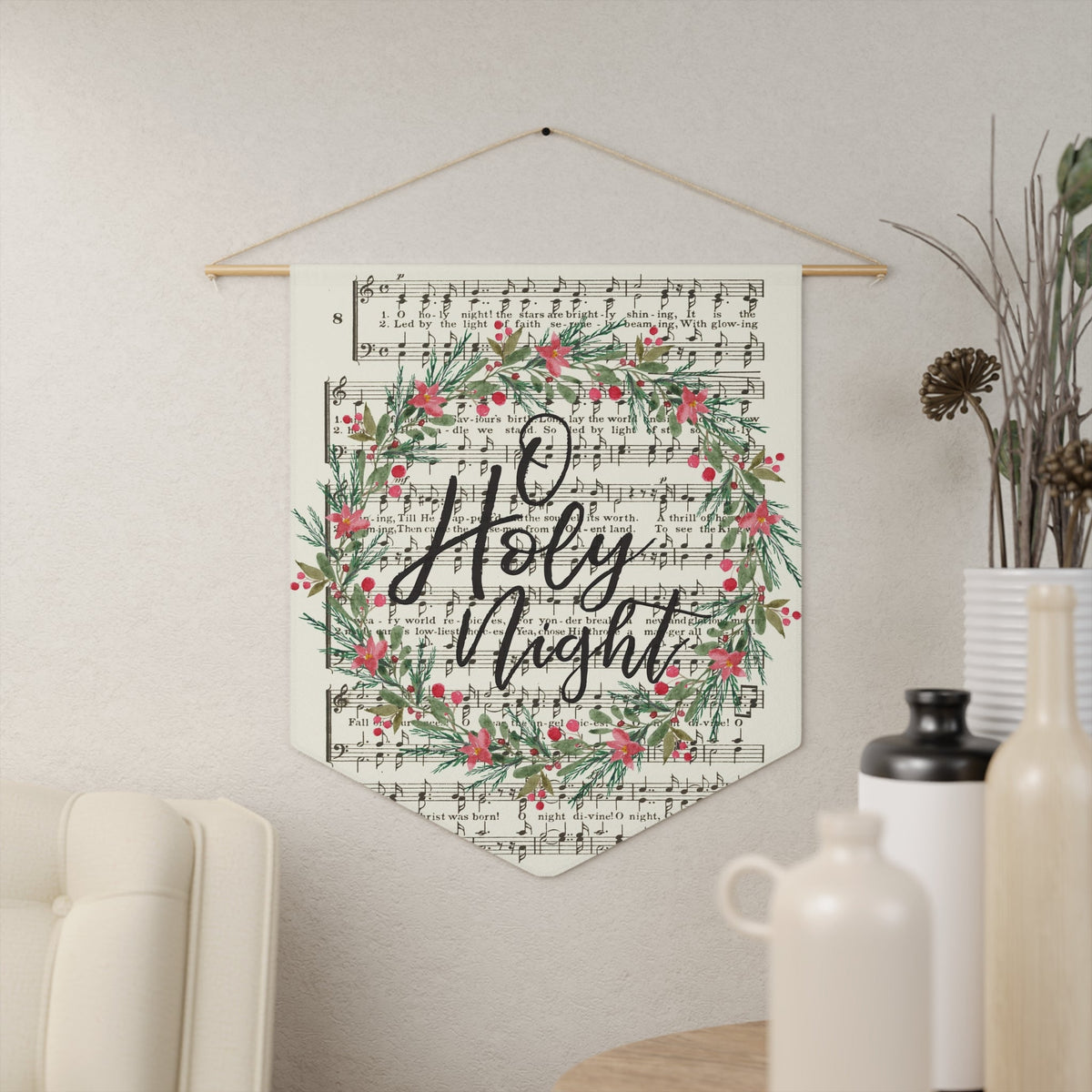 O Holy Night Sheet Music Christmas Wreath Retro Christmas Print Wall Hanging Banner Flag