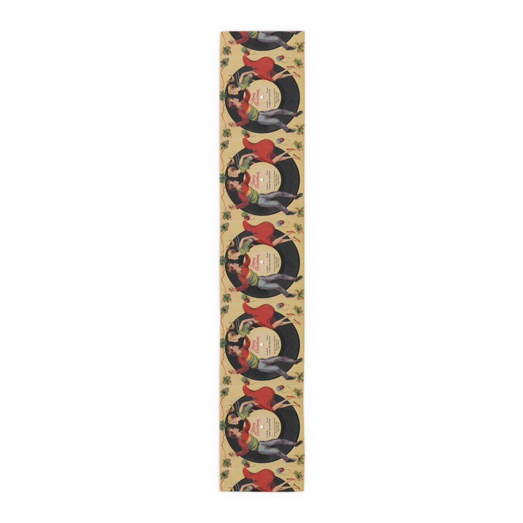 Under The Mistletoe Merry Christmas Table Runner Dancing Couple Record Retro Unique Cozy Cute Holiday Home Decor Polyester Holiday Fabric