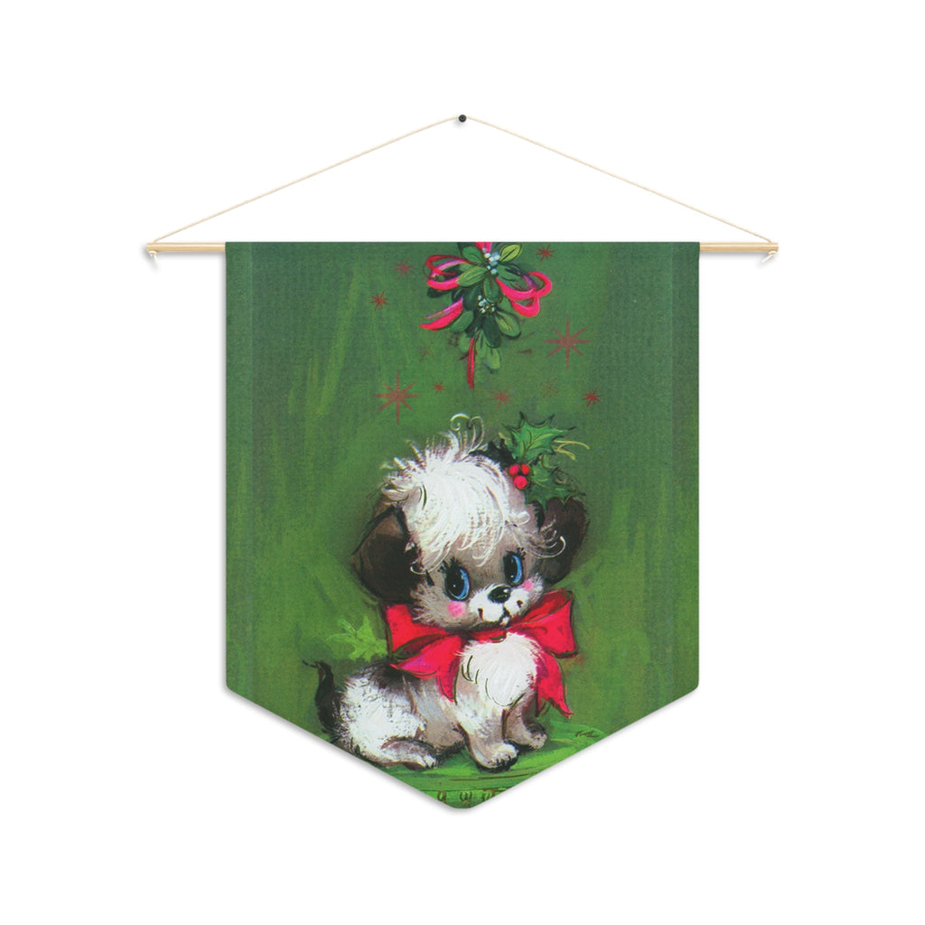 Christmas Puppy Under Mistletoe Mod Retro Christmas Print Wall Hanging Banner Flag