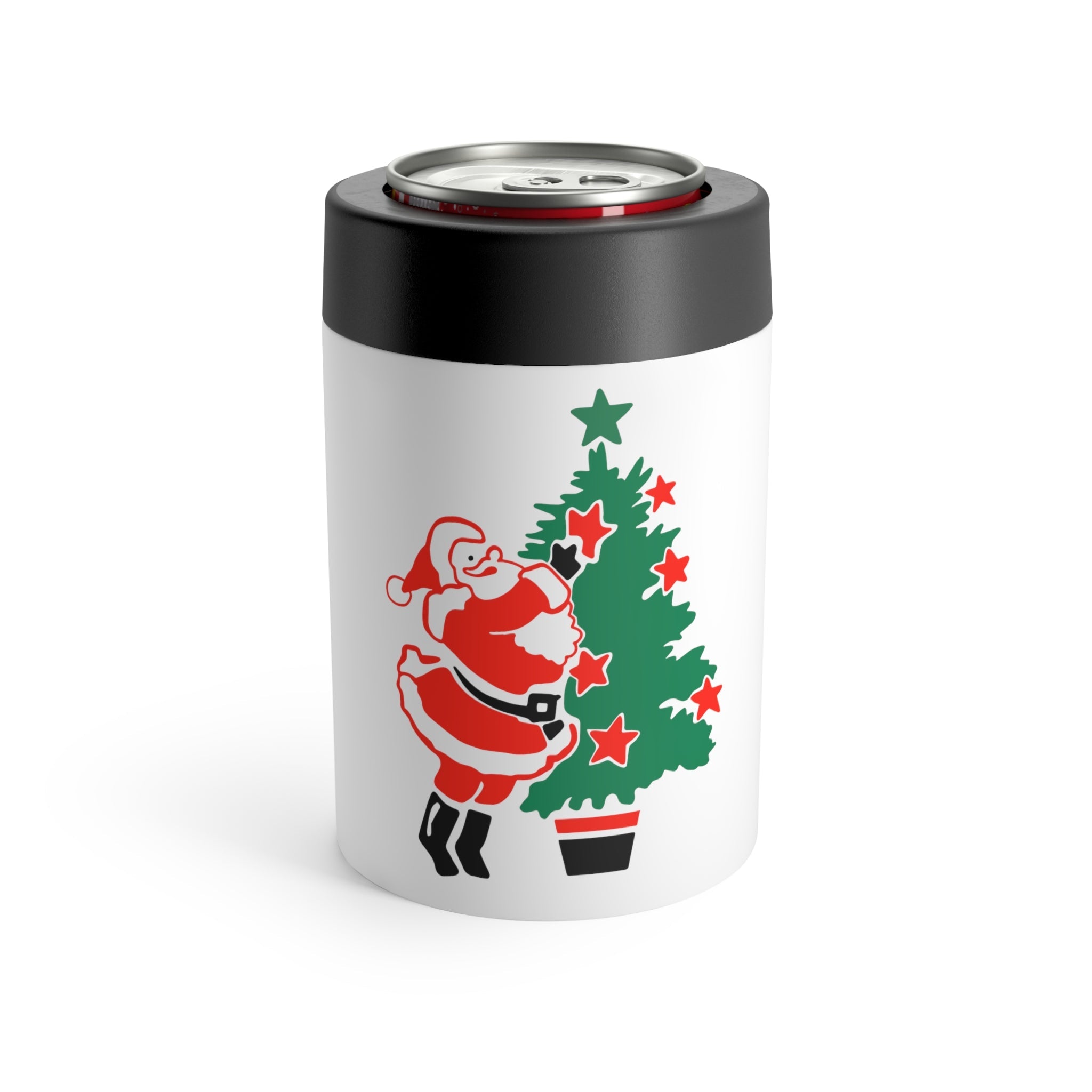 Santa Decorating Christmas Tree Mid Century Retro Christmas Print Stainless Steel Can Holder