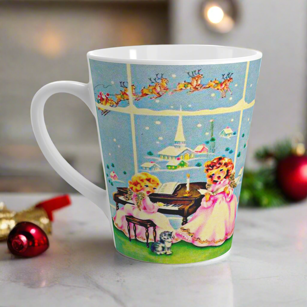 Little Angels Singing At Piano With Santa Reindeer And Church Vintage Retro Christmas Print Latte Coffee Mug