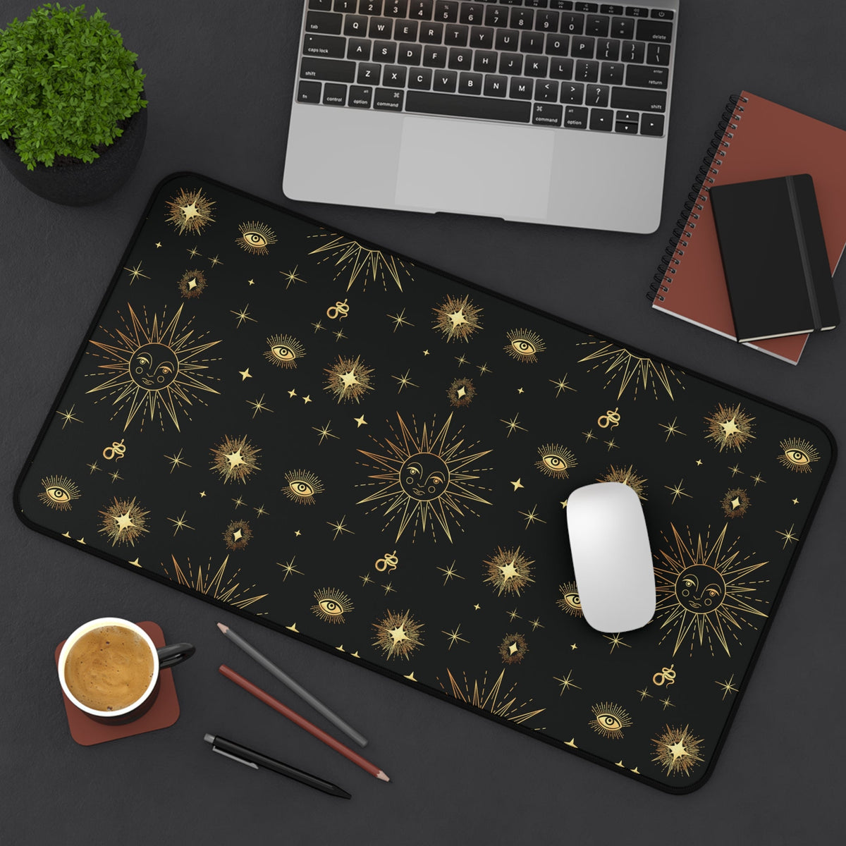 Celestial Gold Sun Stars Tarot Black Desk Mat - 3 size options