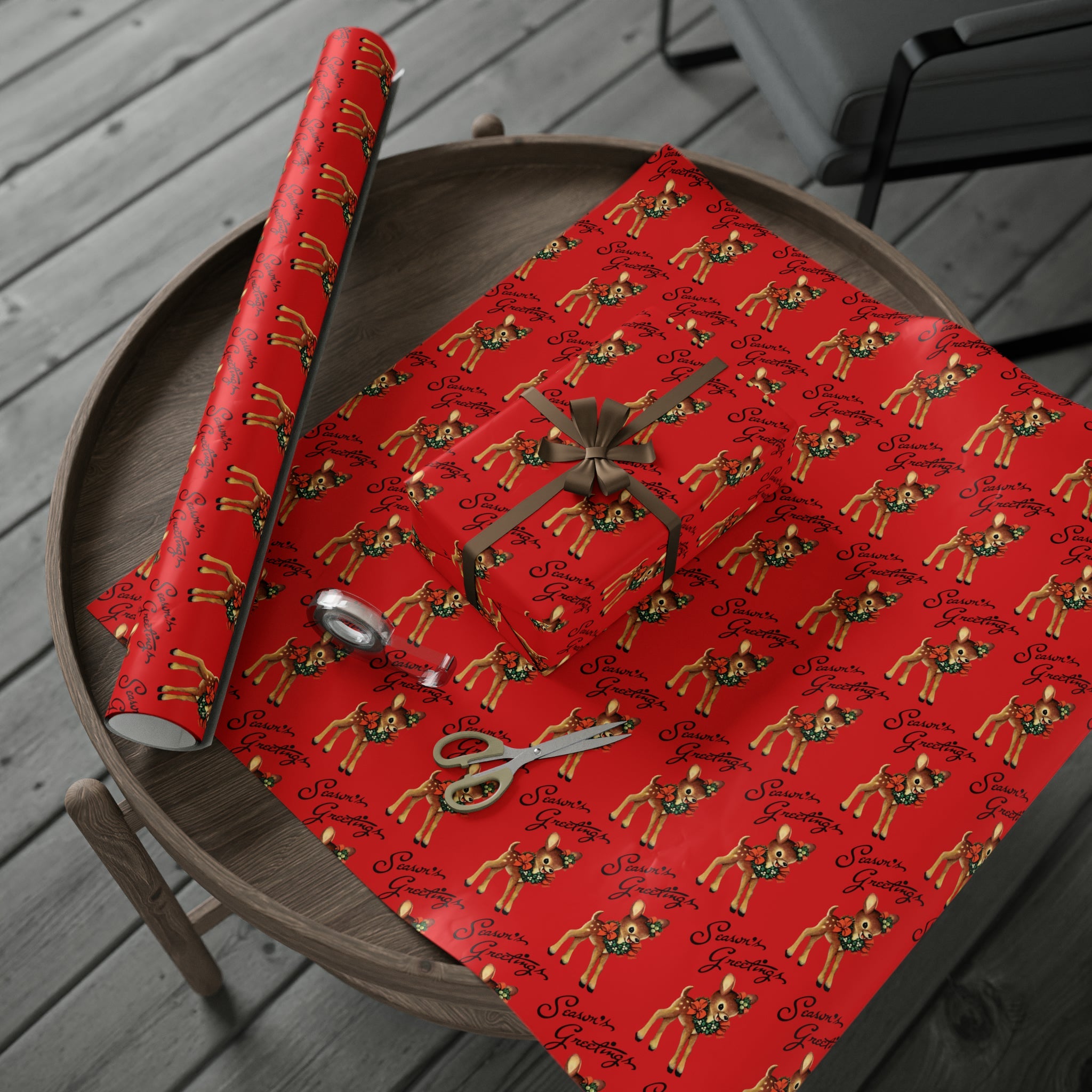 Season's Greetings Reindeer Wreath Retro Christmas Holiday Gift Wrap Paper - Glossy Or Matte