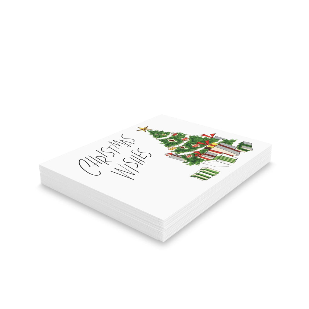 Christmas Wishes Tree With Presents Mid Century Retro Christmas Print Matte Greeting Cards (8, 16, and 24 pcs)