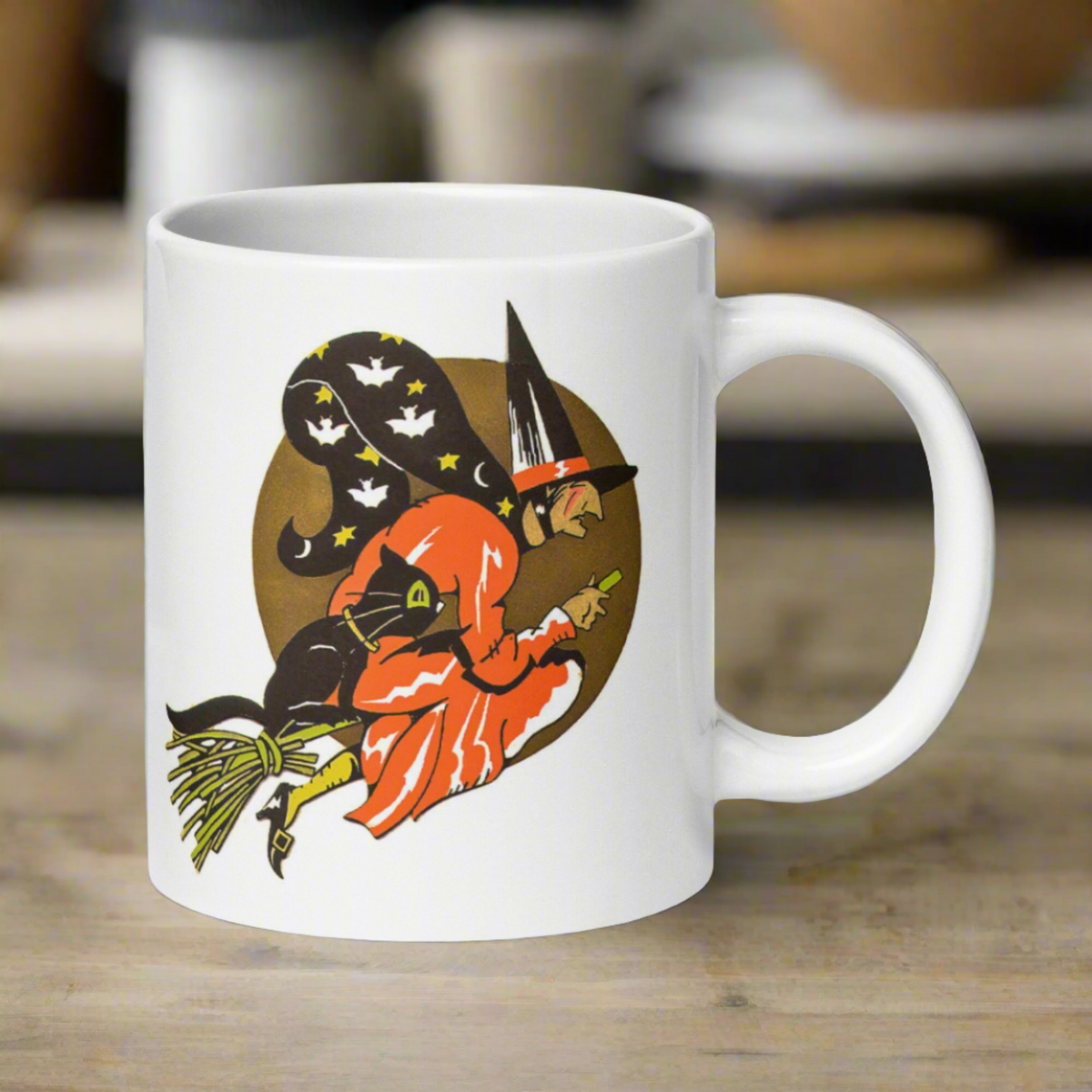 Gold Moon Halloween Witch Black Cat Retro Glossy Coffee Mug